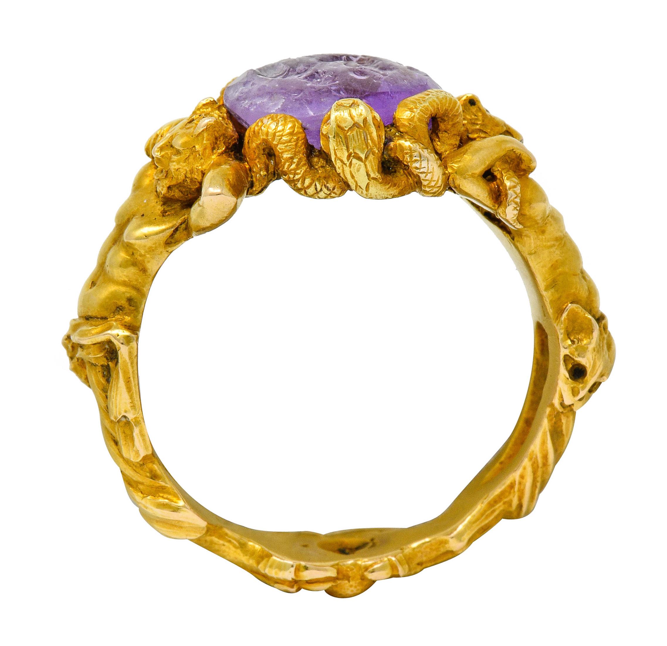 Victorian Roman Ancient Amethyst Intaglio 18 Karat Gold Men's Snake & Devil Ring 2