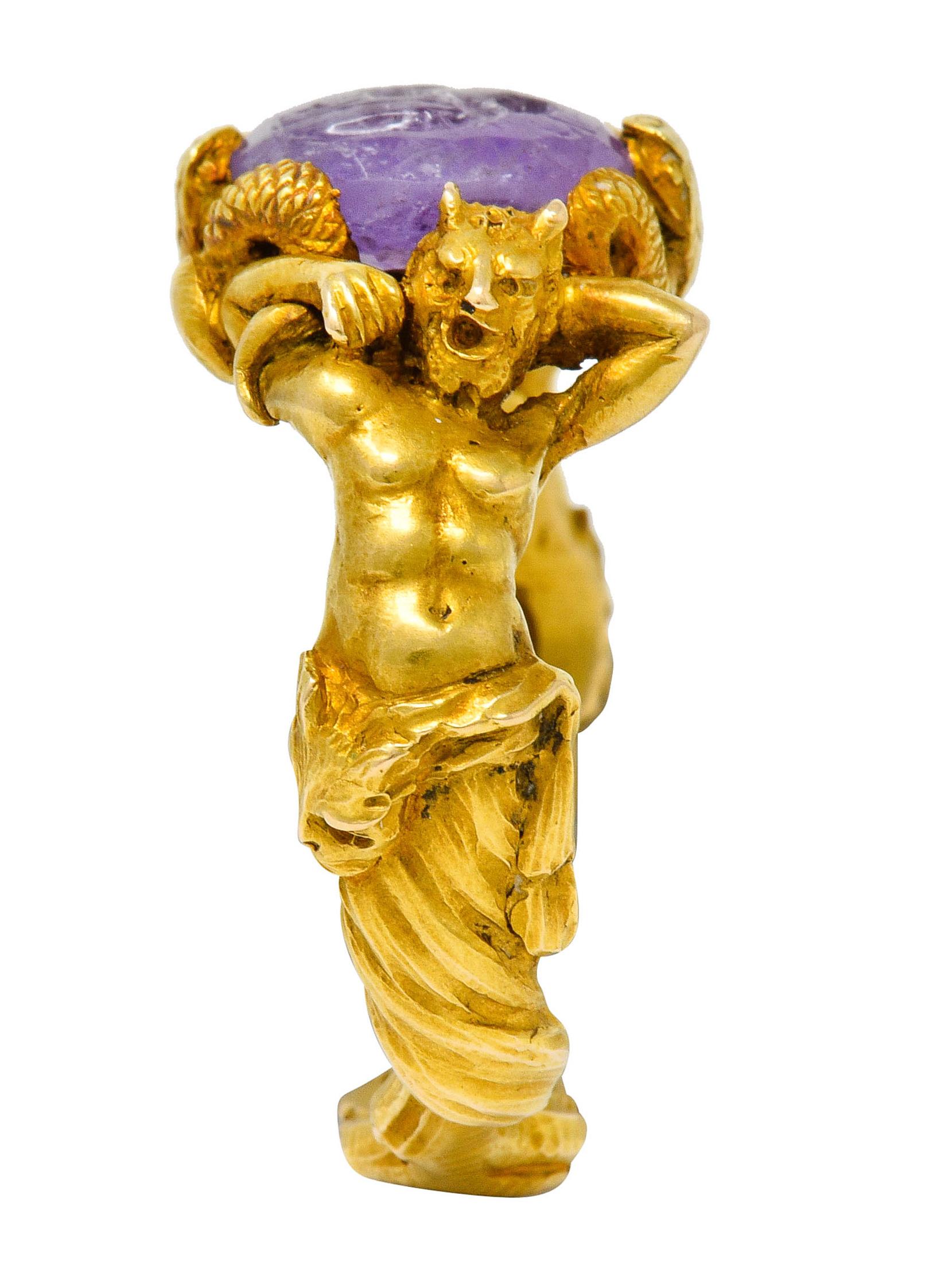 Victorian Roman Ancient Amethyst Intaglio 18 Karat Gold Men's Snake & Devil Ring 3