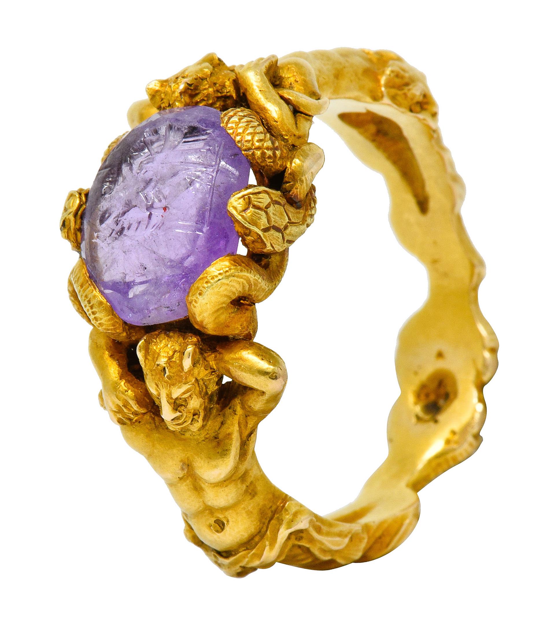 Victorian Roman Ancient Amethyst Intaglio 18 Karat Gold Men's Snake & Devil Ring 4