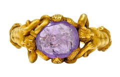 Victorian Roman Ancient Amethyst Intaglio 18 Karat Gold Men's Snake & Devil Ring