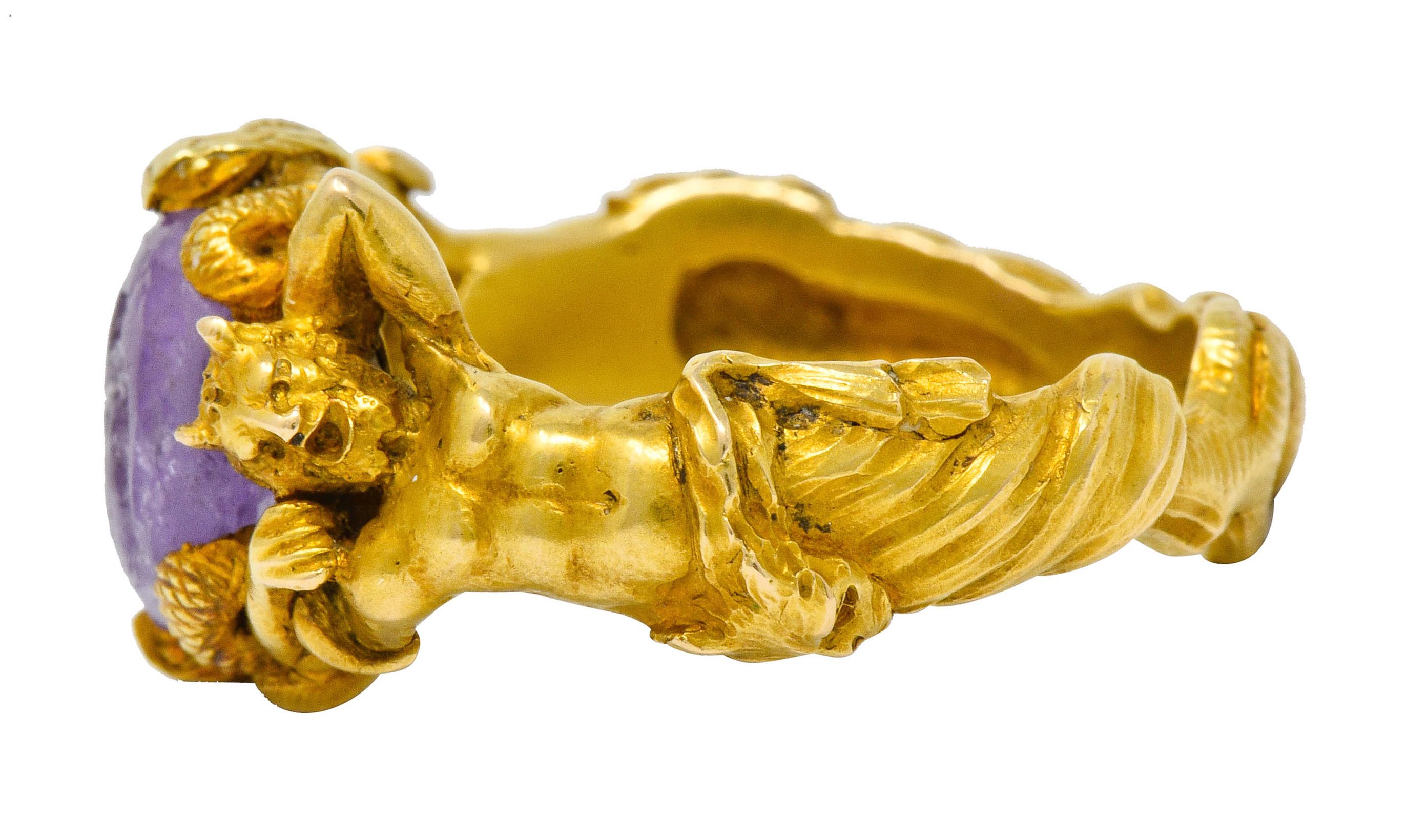Oval Cut Victorian Roman Ancient Amethyst Intaglio 18 Karat Gold Men's Snake & Devil Ring