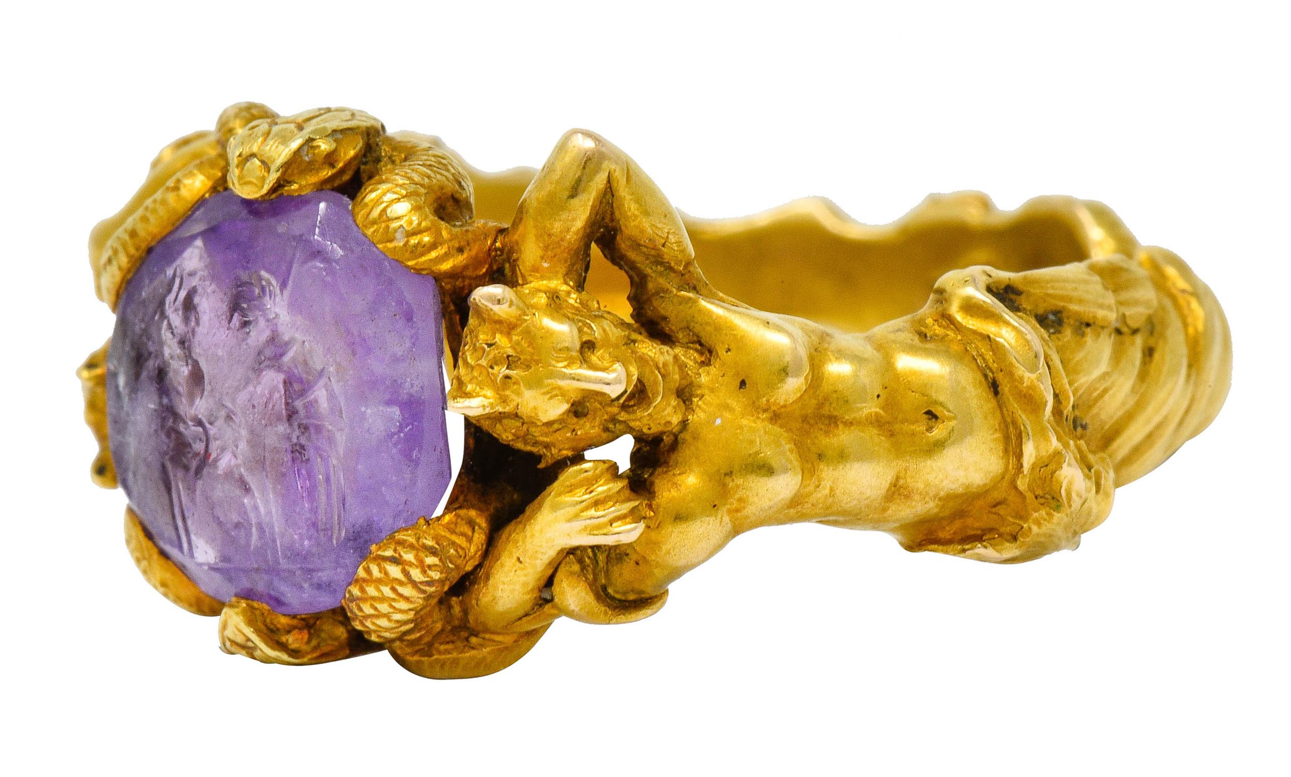 Victorian Roman Ancient Amethyst Intaglio 18 Karat Gold Men's Snake & Devil Ring In Excellent Condition In Philadelphia, PA
