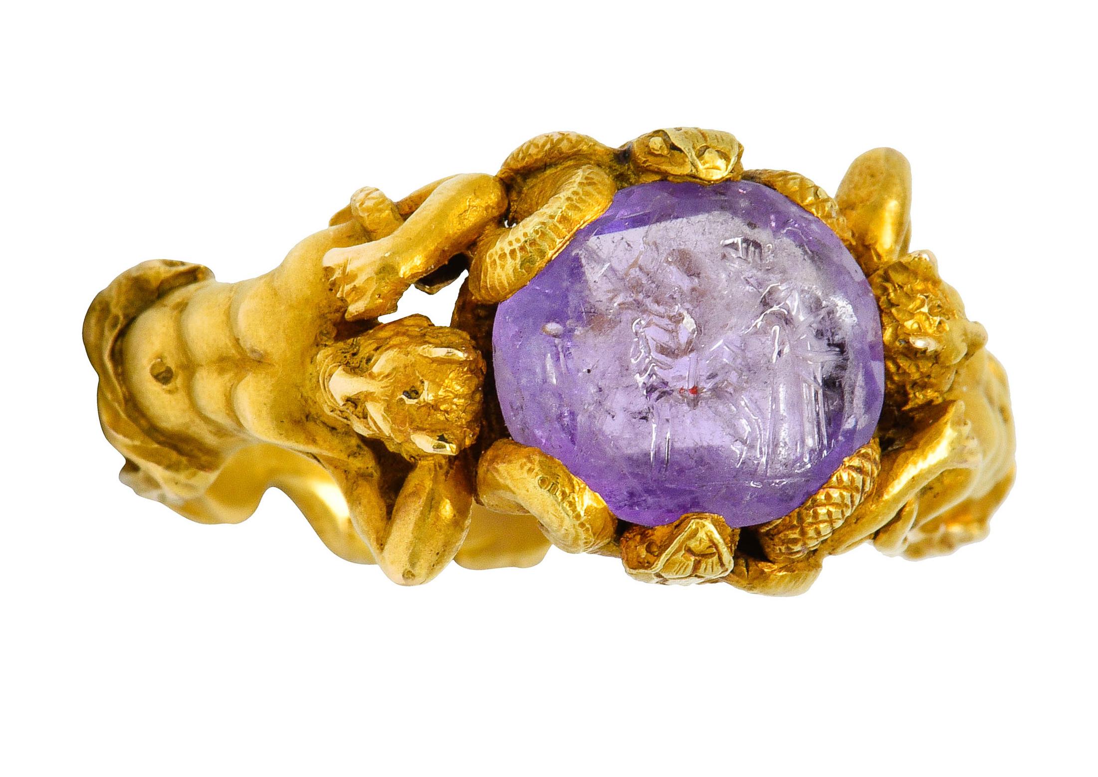 Victorian Roman Ancient Amethyst Intaglio 18 Karat Gold Men's Snake & Devil Ring 1