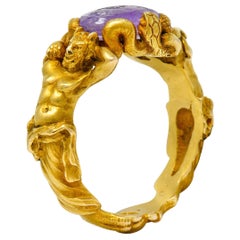 Antique Victorian Roman Ancient Amethyst Intaglio 18 Karat Gold Men's Snake & Devil Ring