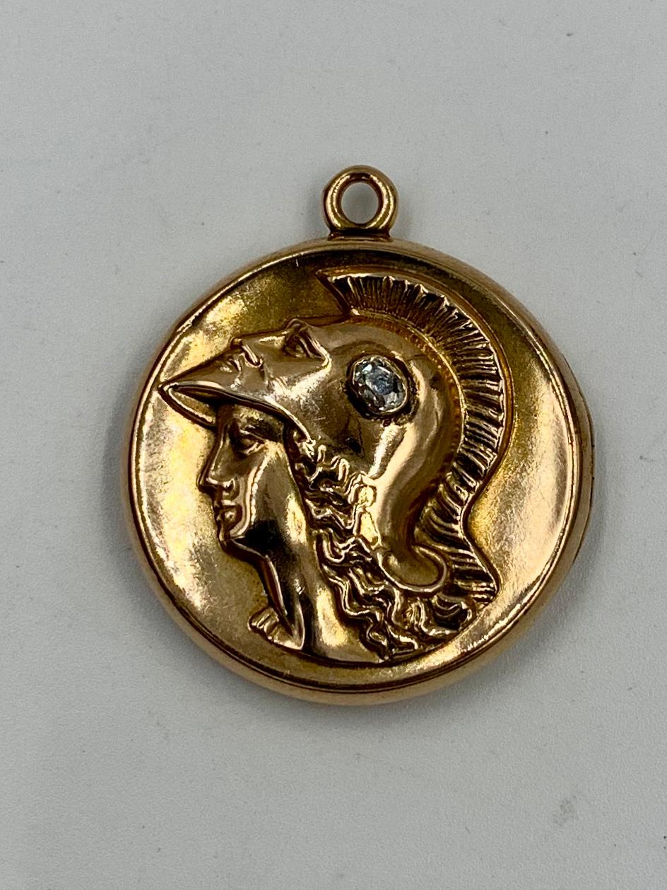 Victorian Roman Warrior Diamond Locket Necklace Old Mine 14 Karat Gold Classical In Good Condition For Sale In New York, NY