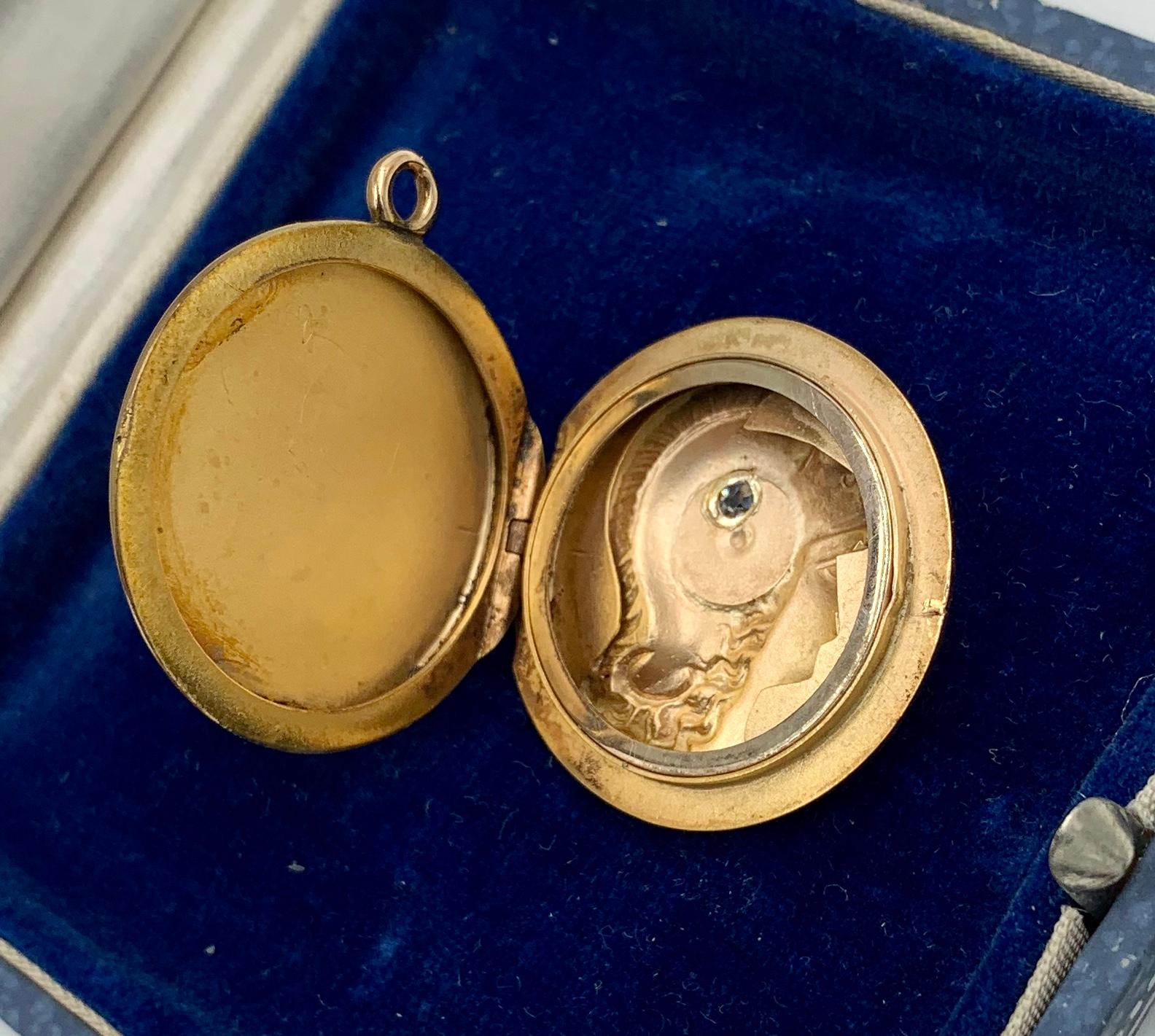 Women's Victorian Roman Warrior Diamond Locket Necklace Old Mine 14 Karat Gold Classical For Sale