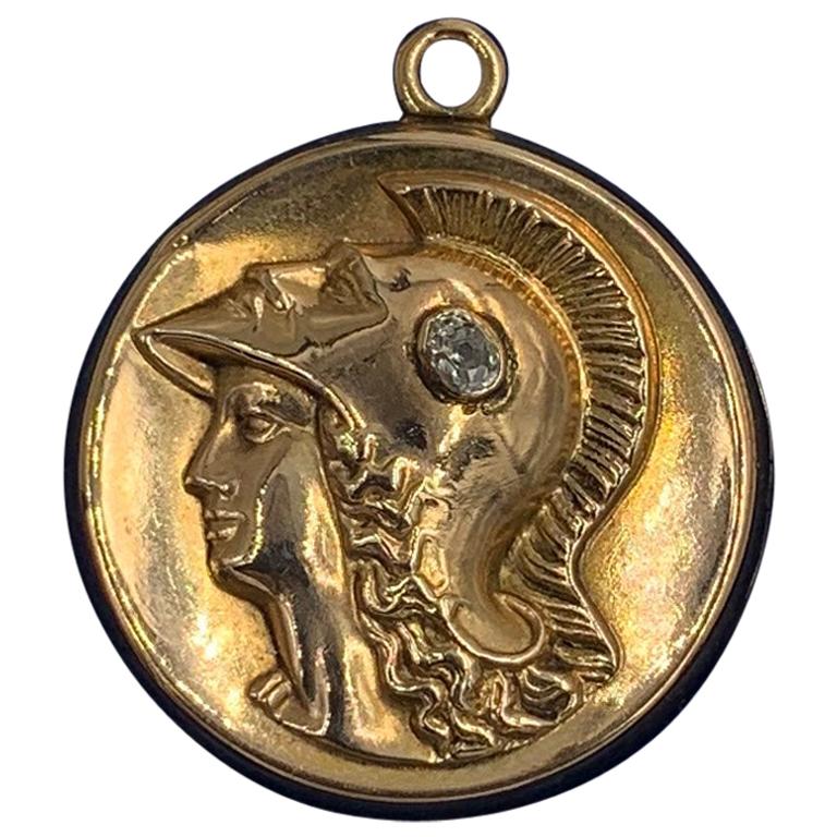 Viktorianische römische Krieger-Diamant-Medaillon-Halskette aus 14 Karat Gold Klassisch
