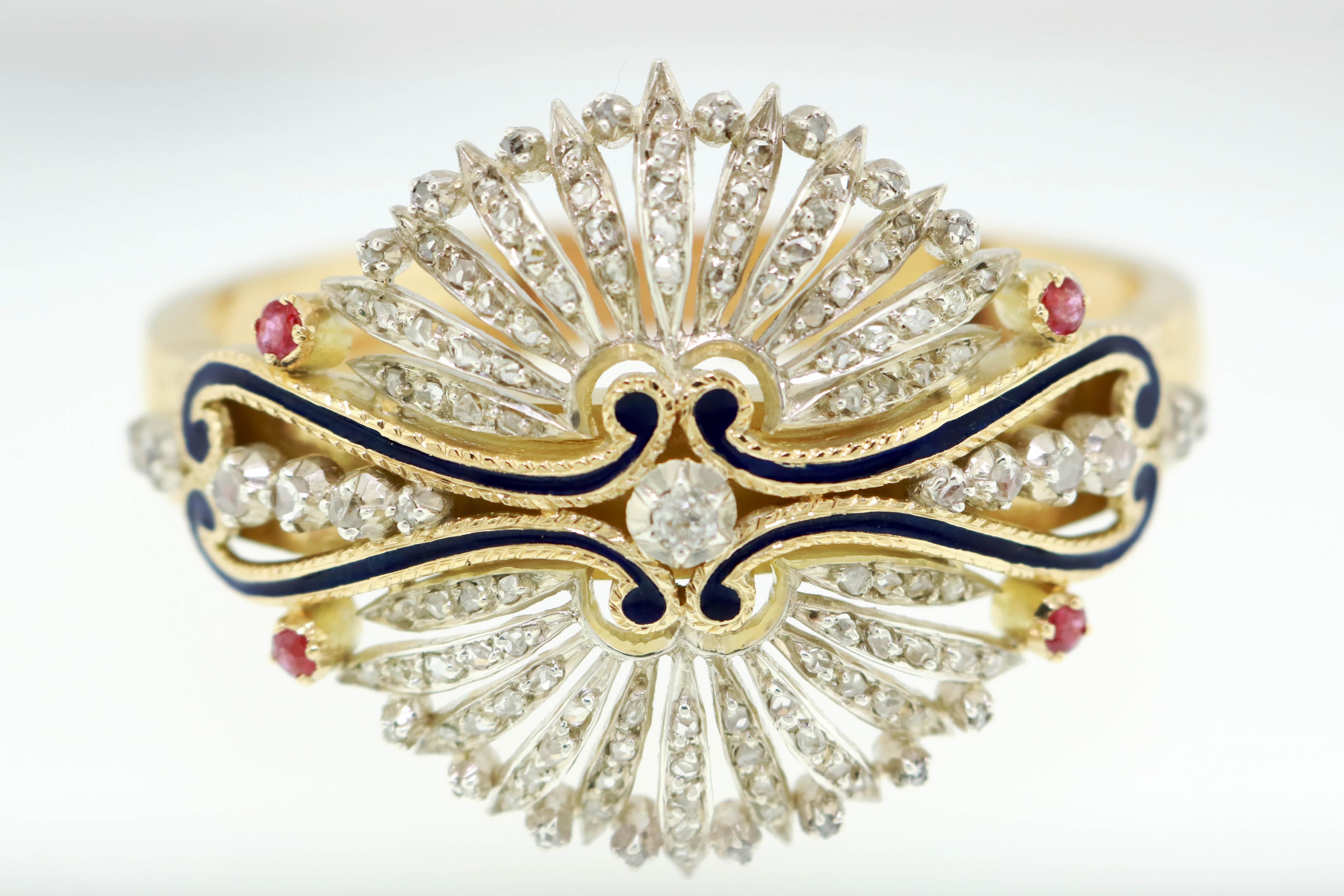 Victorian Rose and Old European Diamond and Ruby Gold and Enamel Cuff Bracelet In Good Condition For Sale In Scottsdale, AZ