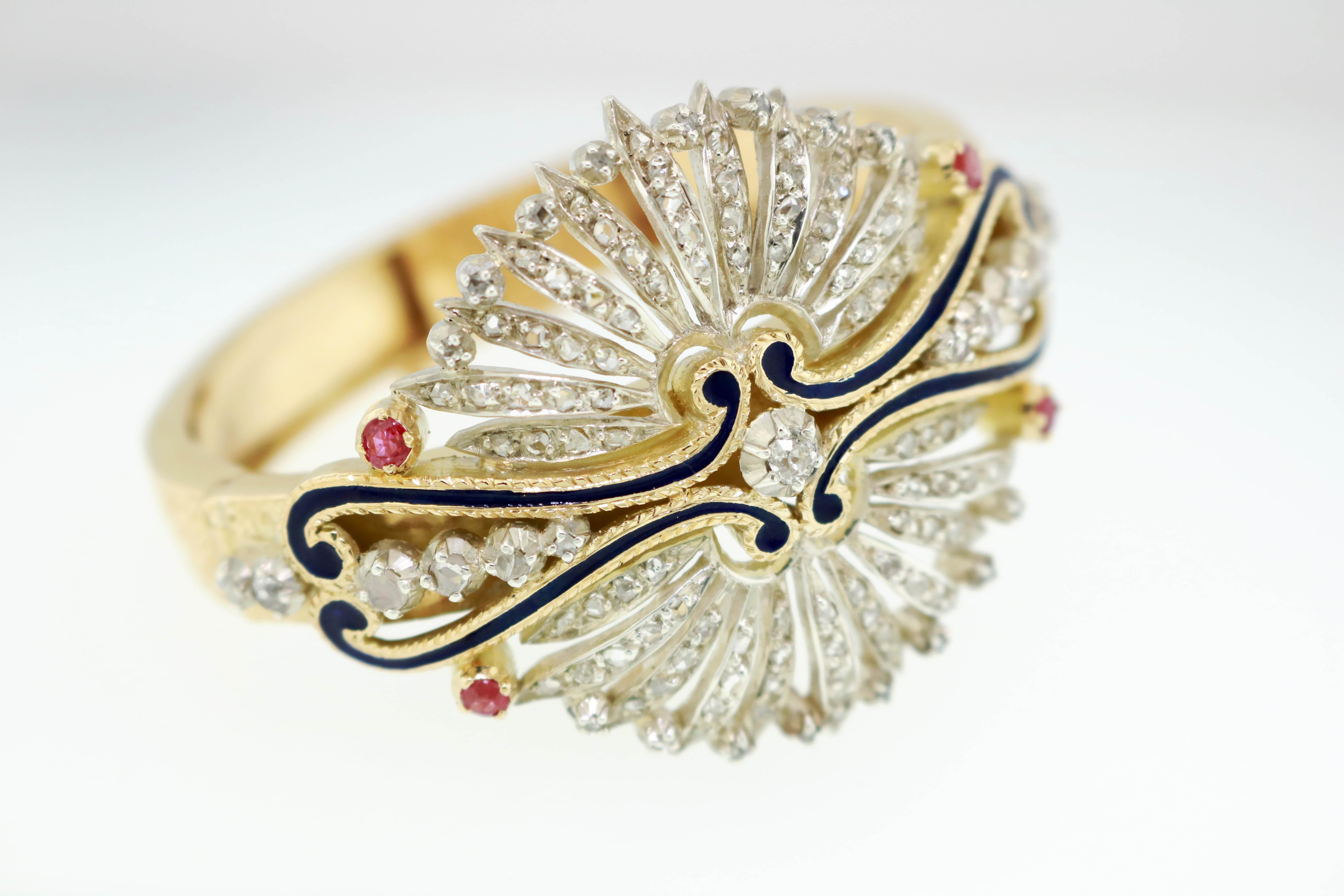 Victorian Rose and Old European Diamond and Ruby Gold and Enamel Cuff Bracelet For Sale 1