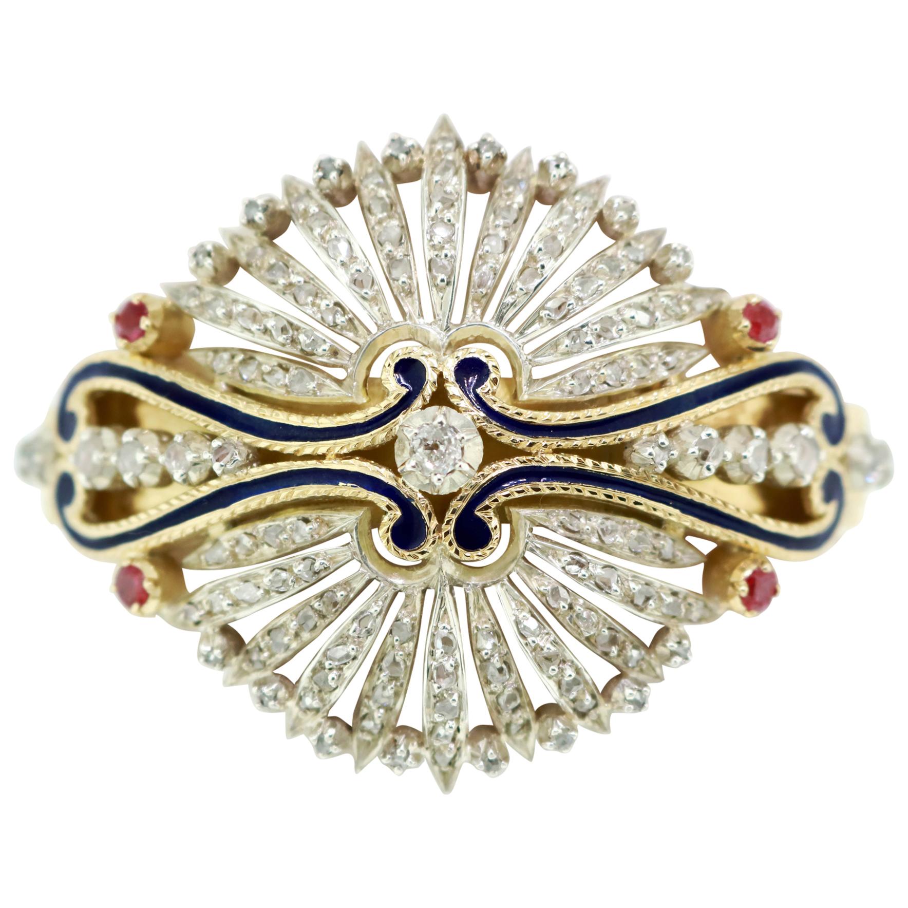 Victorian Rose and Old European Diamond and Ruby Gold and Enamel Cuff Bracelet For Sale