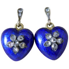 Victorian Rose Cut and  Blue Enamel Drop Earrings, Heart Shaped with Locket Back