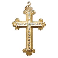 Antique Victorian Rose Cut and Old Mine Diamond Cross Pendant in 12K Yellow Gold
