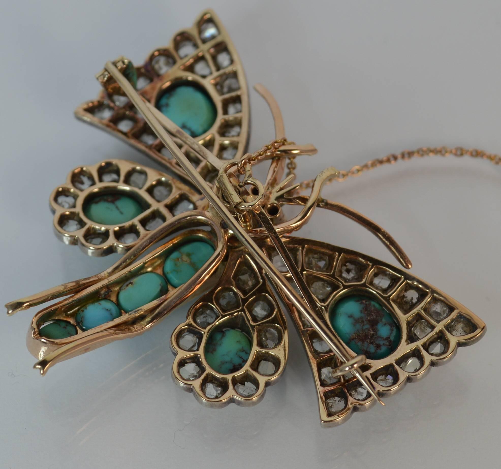 Victorian Rose Cut Diamond and Turquoise 15 Carat Gold Butterfly Brooch 5