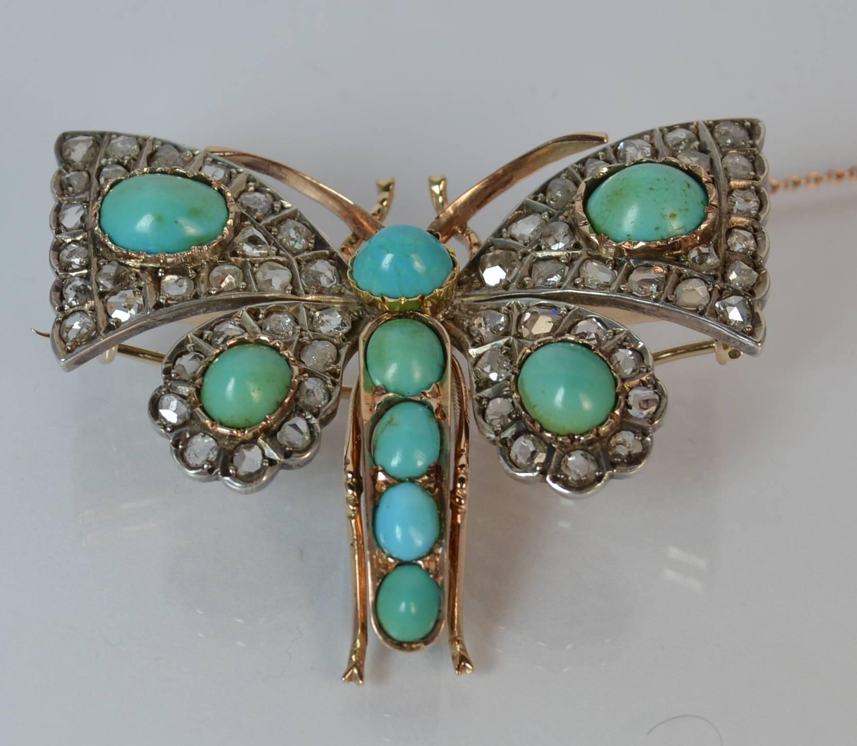 Early Victorian Victorian Rose Cut Diamond and Turquoise 15 Carat Gold Butterfly Brooch