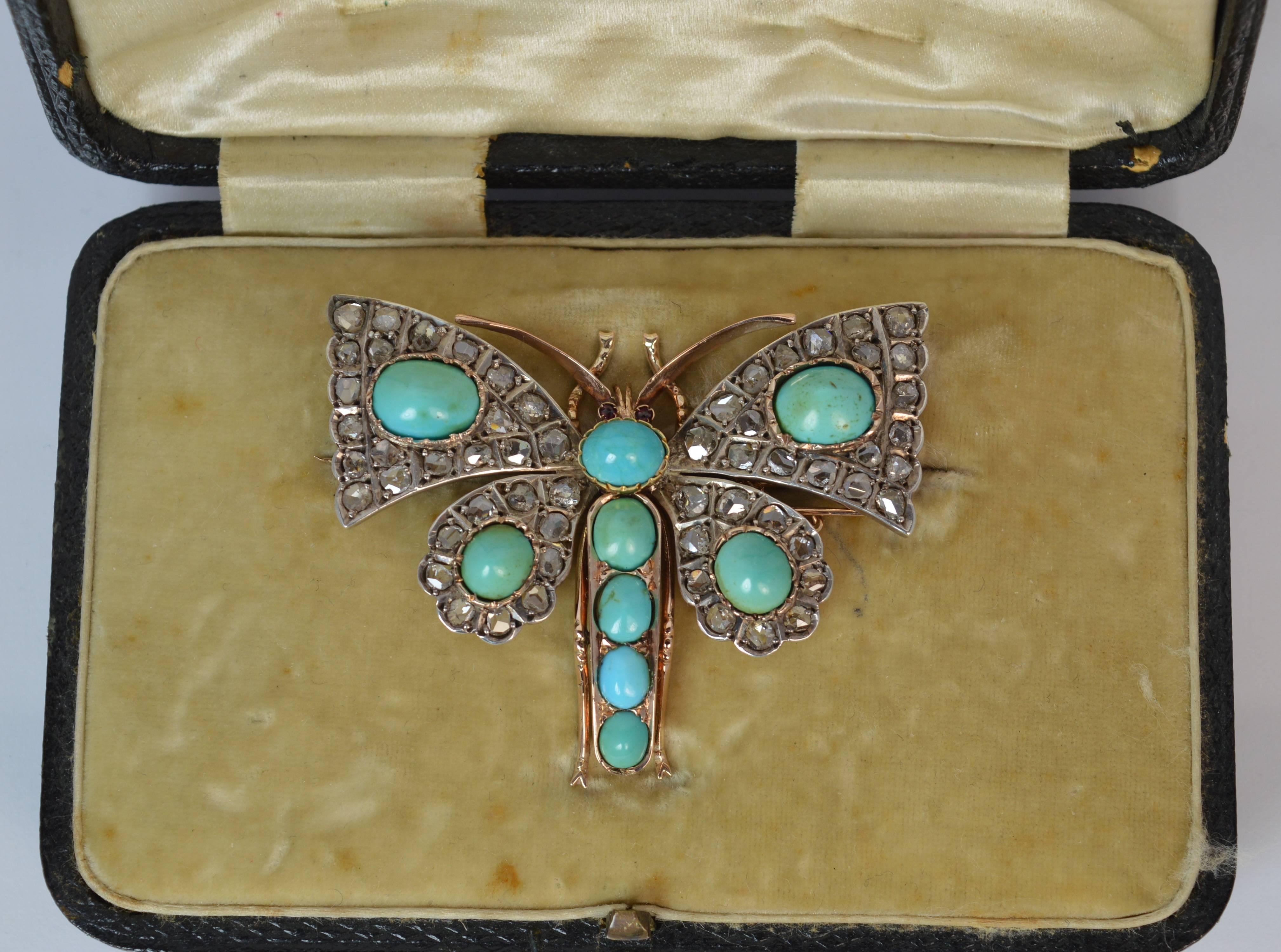 Women's or Men's Victorian Rose Cut Diamond and Turquoise 15 Carat Gold Butterfly Brooch