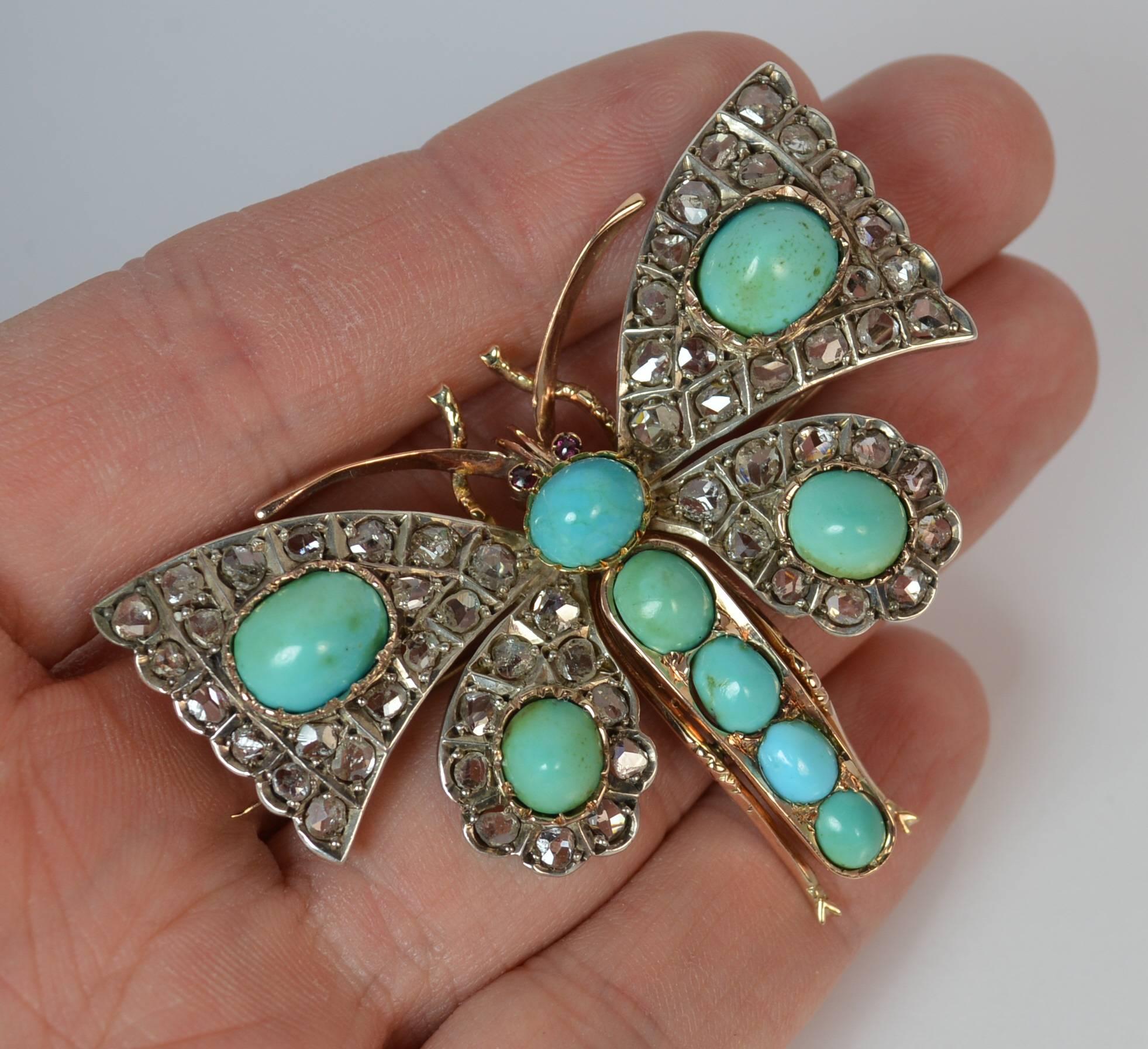 Victorian Rose Cut Diamond and Turquoise 15 Carat Gold Butterfly Brooch 2