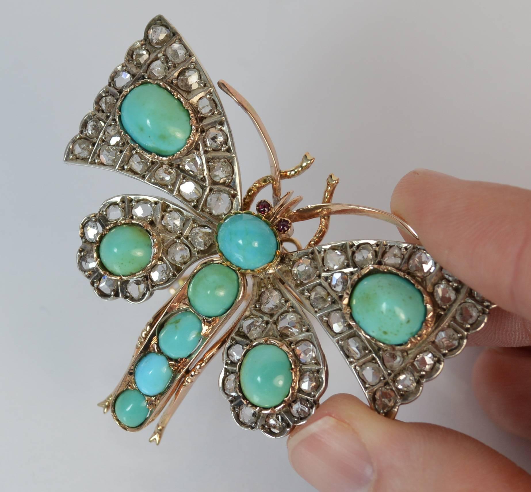 Victorian Rose Cut Diamond and Turquoise 15 Carat Gold Butterfly Brooch 3