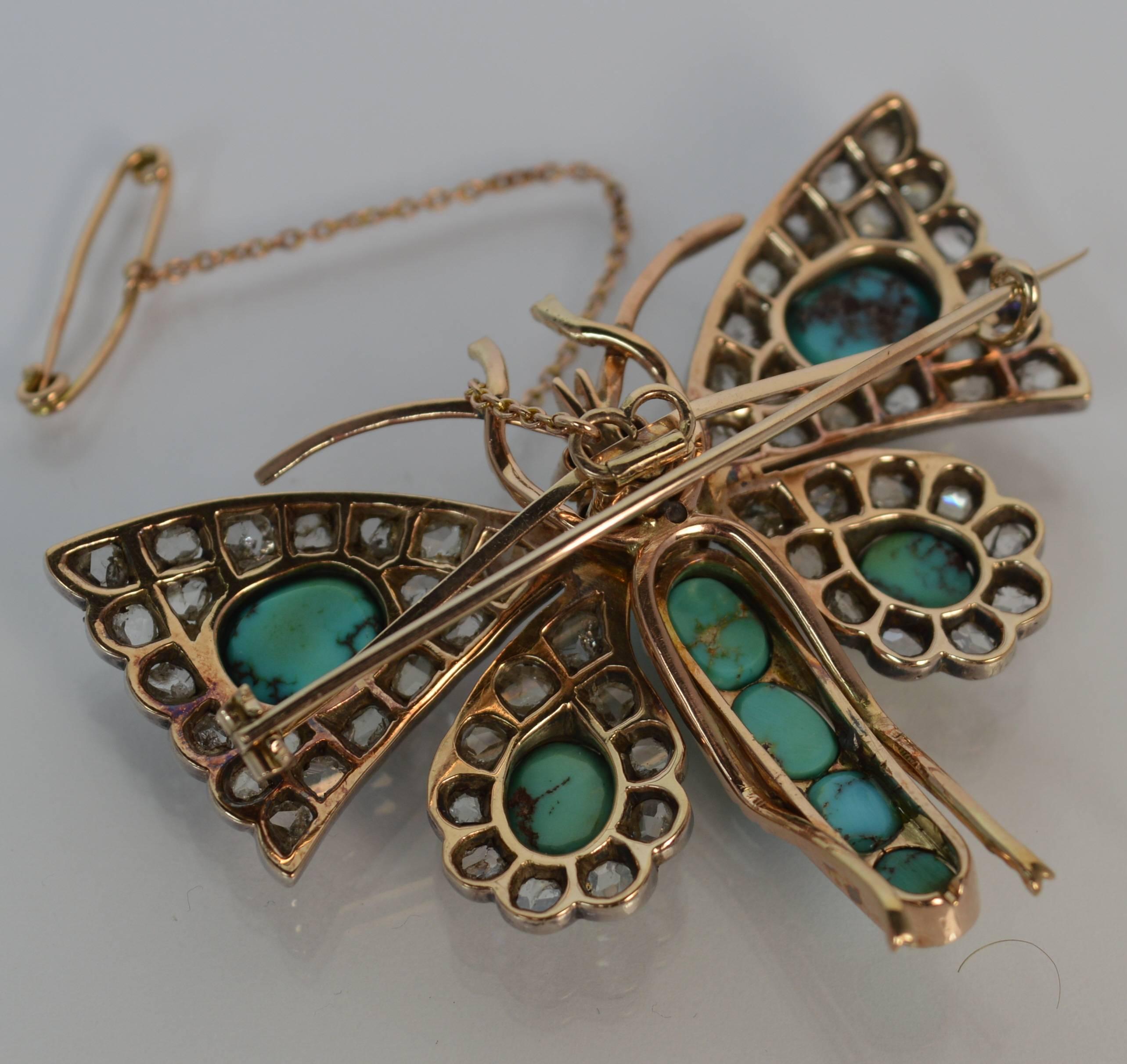 Victorian Rose Cut Diamond and Turquoise 15 Carat Gold Butterfly Brooch 4