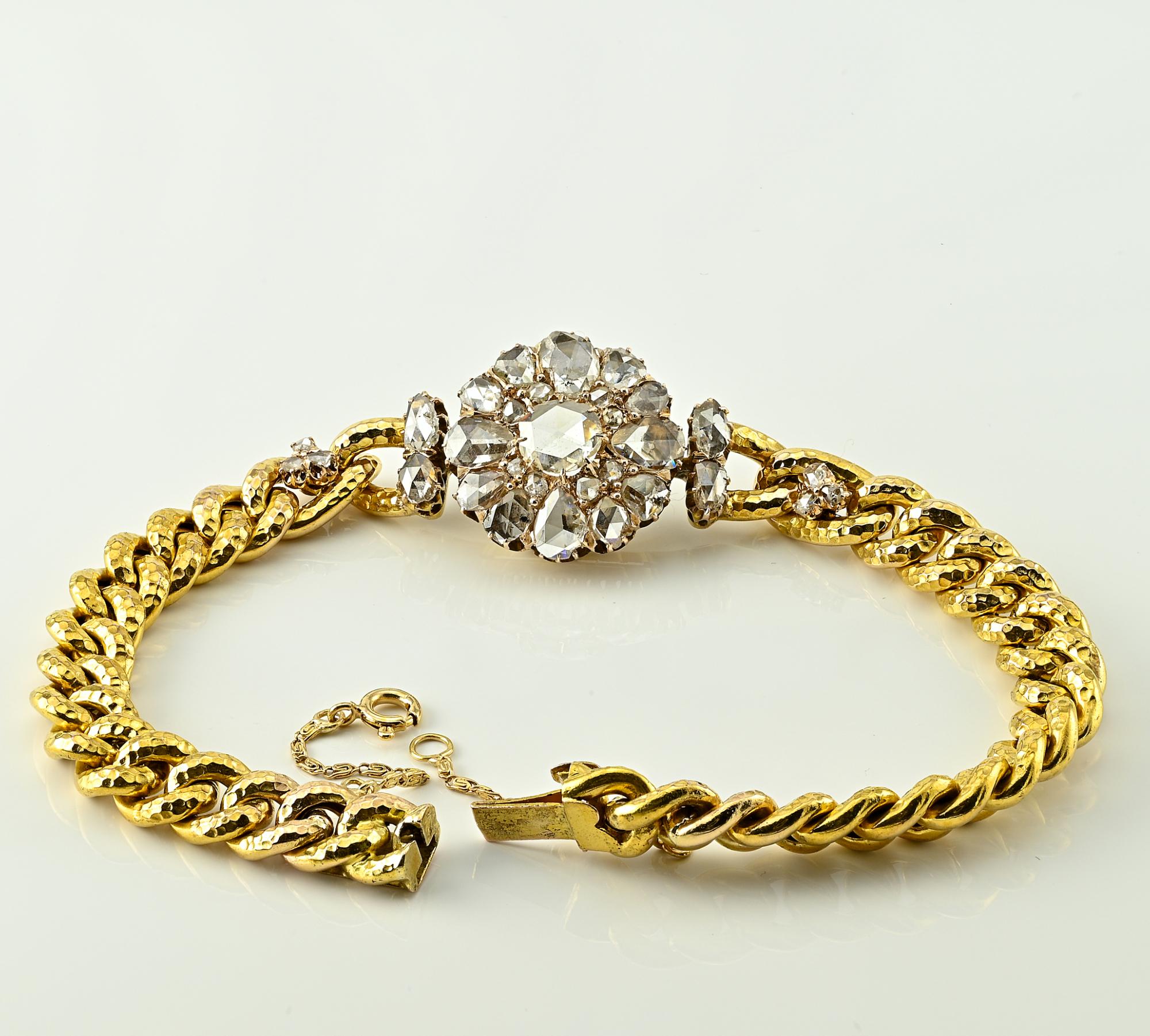 Victorian Rose Cut Diamond 10 KT Gold Curb Bracelet In Good Condition For Sale In Napoli, IT