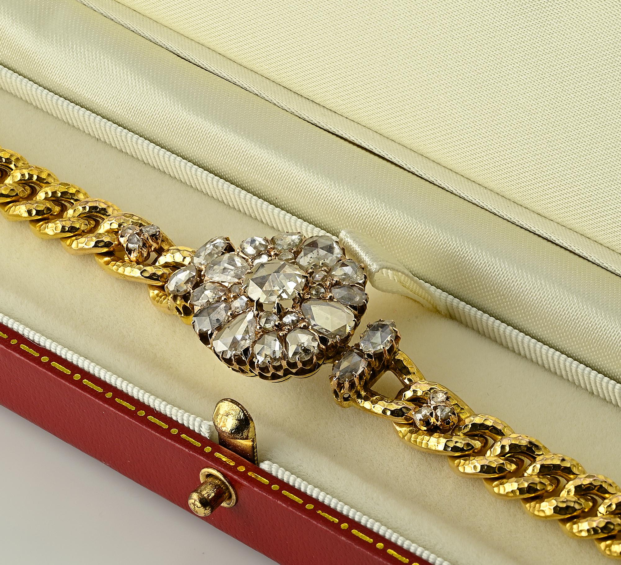 Women's Victorian Rose Cut Diamond 10 KT Gold Curb Bracelet For Sale