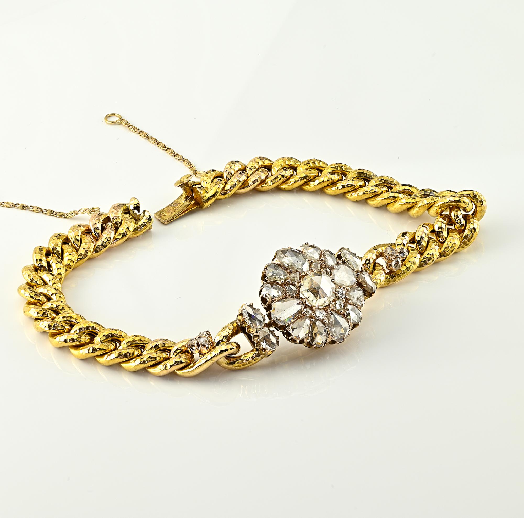 Victorian Rose Cut Diamond 10 KT Gold Curb Bracelet For Sale 1