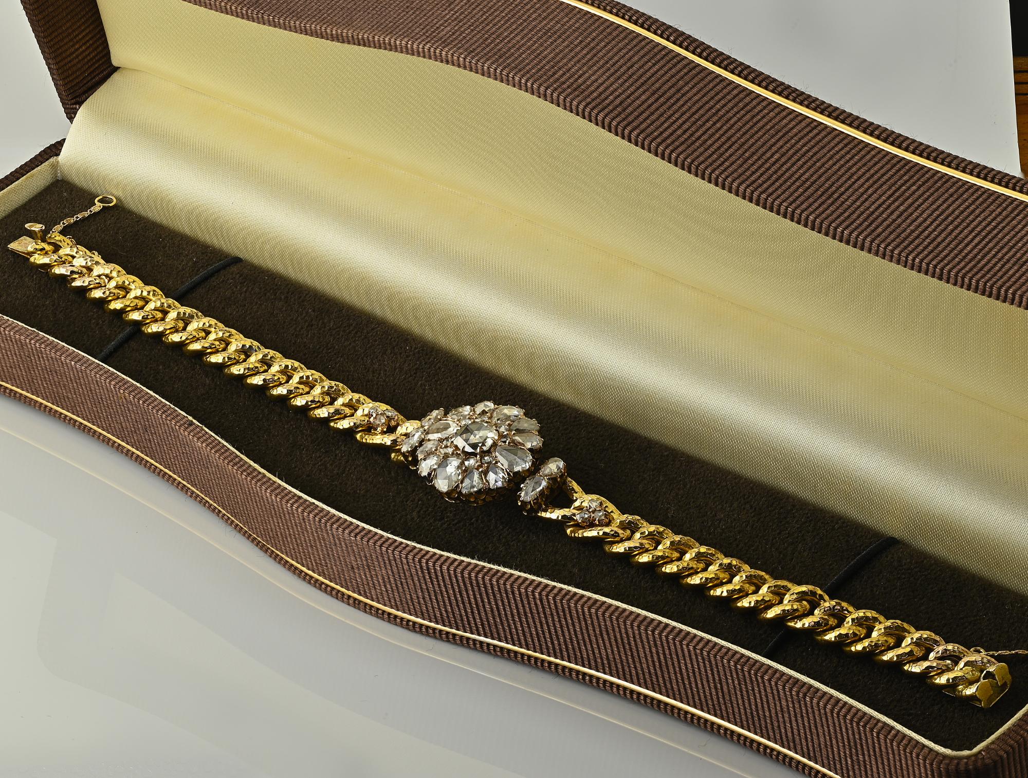 Victorian Rose Cut Diamond 10 KT Gold Curb Bracelet For Sale 2