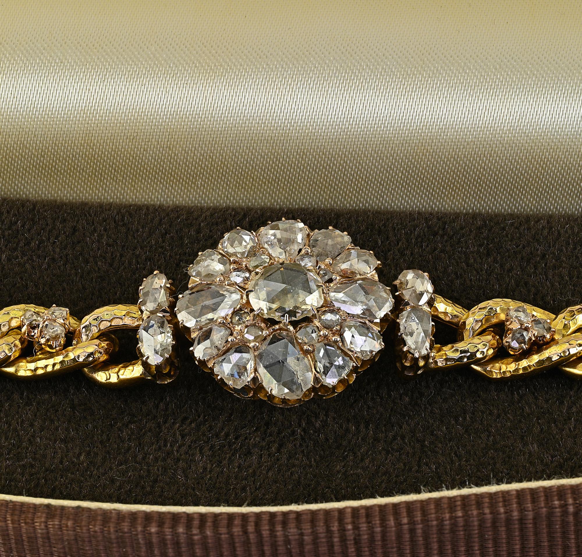 Victorian Rose Cut Diamond 10 KT Gold Curb Bracelet For Sale 3