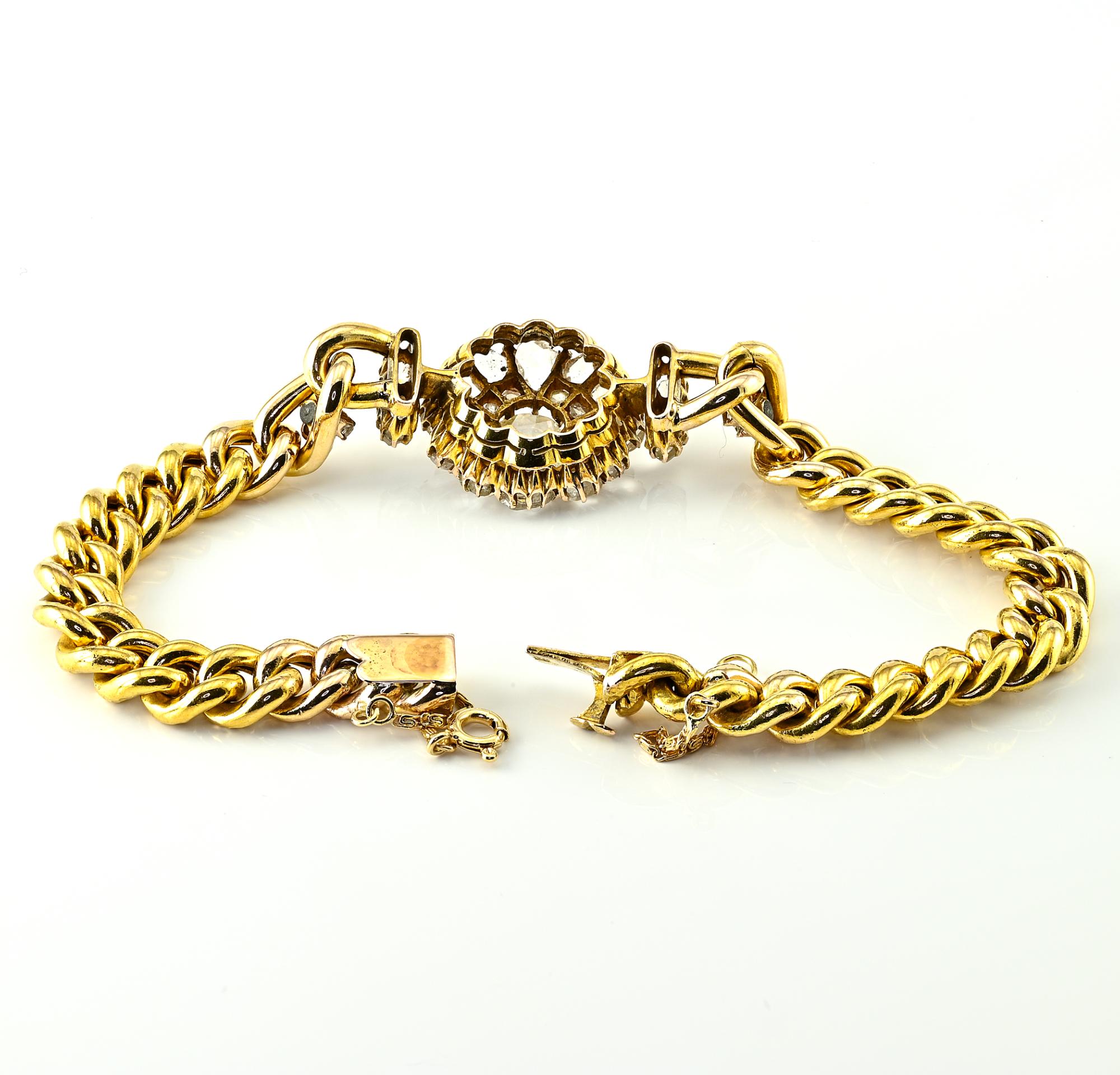 Victorian Rose Cut Diamond 10 KT Gold Curb Bracelet For Sale 4