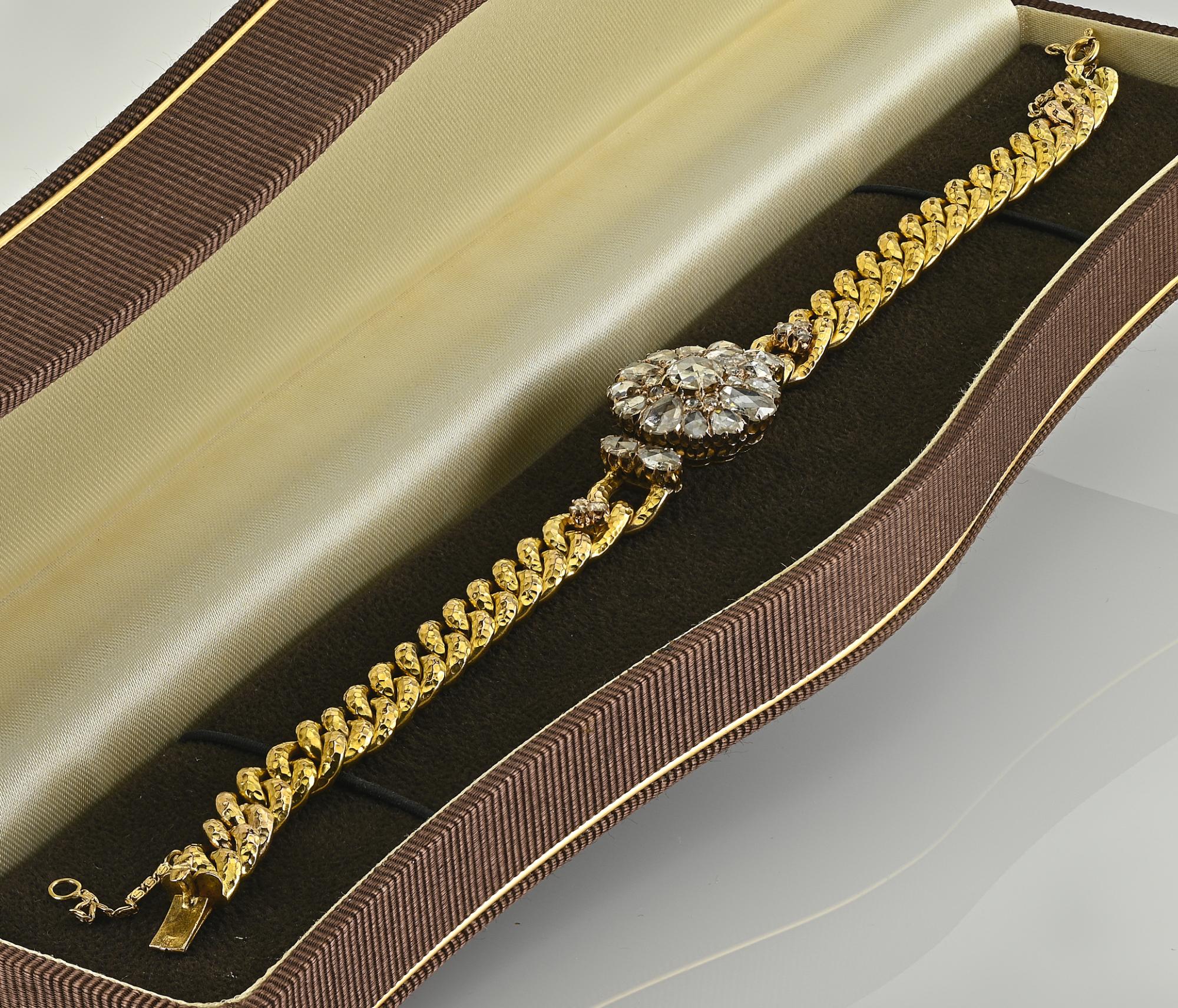 Victorian Rose Cut Diamond 10 KT Gold Curb Bracelet For Sale 5