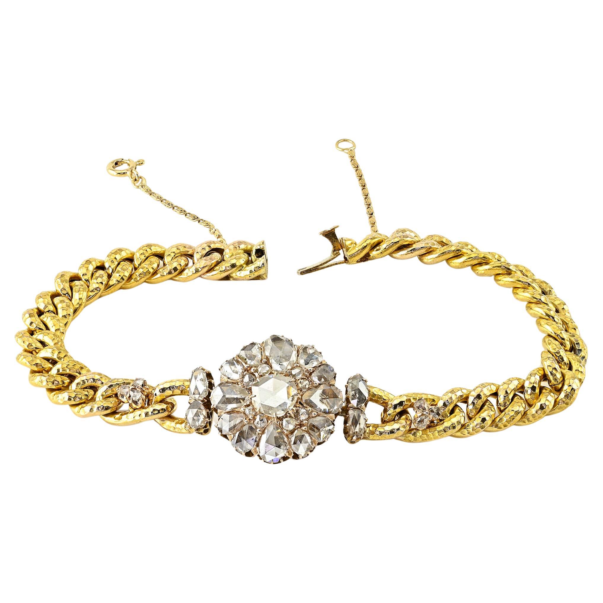 Victorian Rose Cut Diamond 10 KT Gold Curb Bracelet For Sale