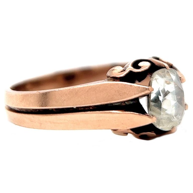 Women's or Men's Victorian Rose Cut Diamond 14 Karat Rose Gold Foil Back Solitaire Ring