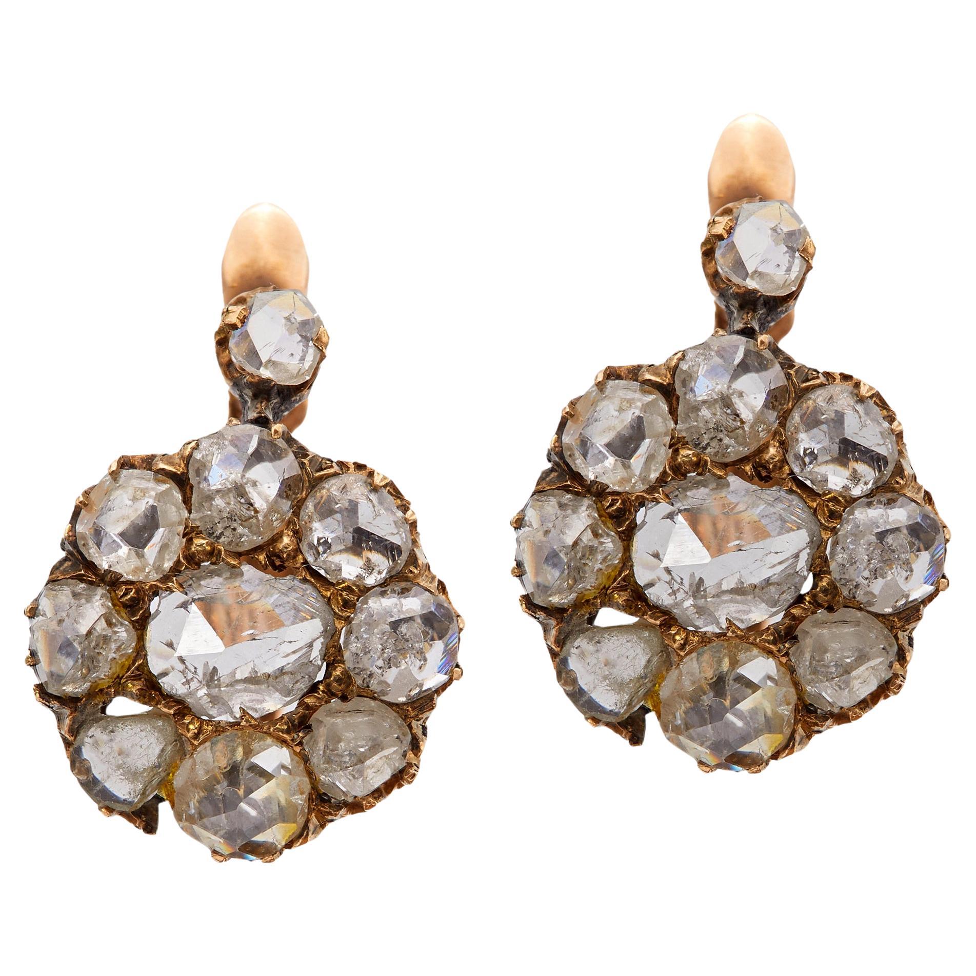 Victorian Rose Cut Diamond 14k Rose Gold Cluster Earrings