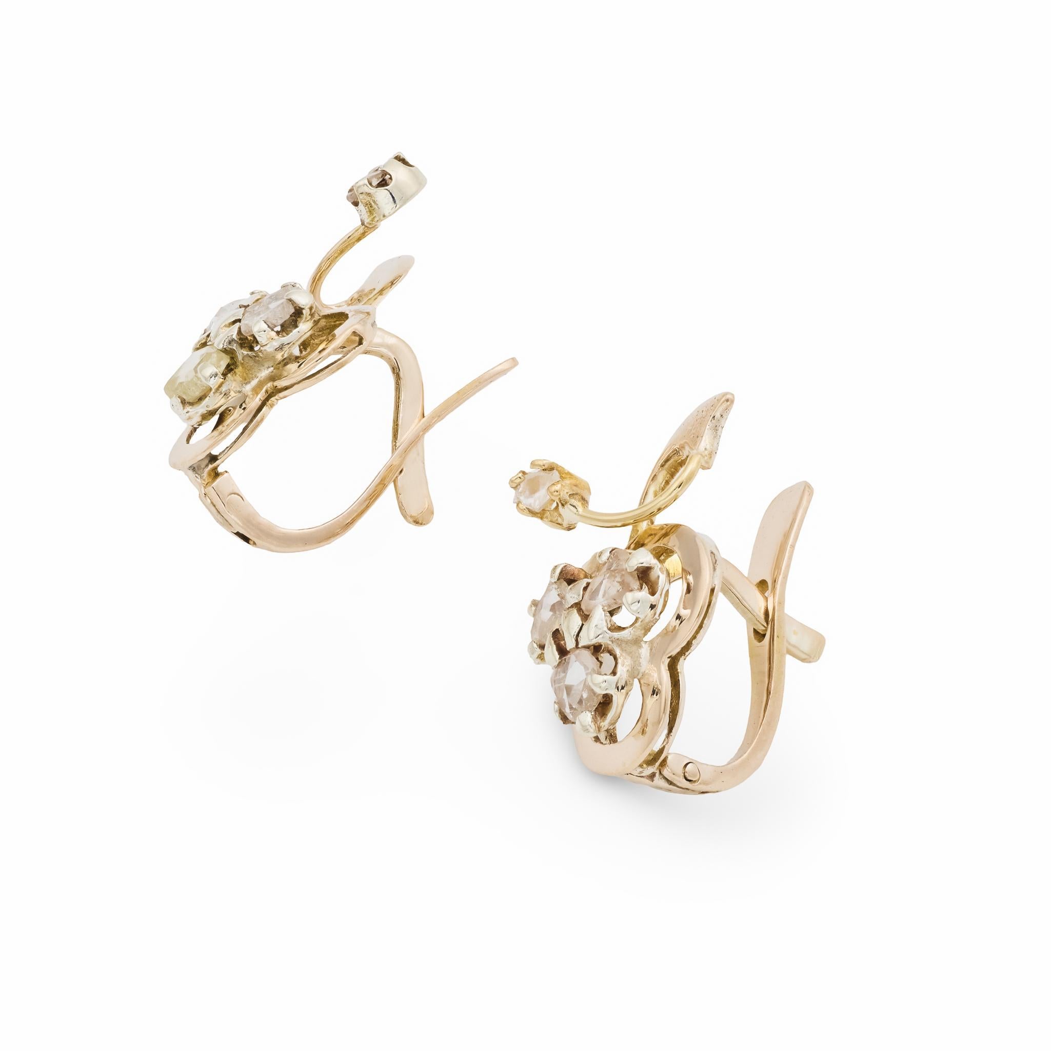 Boucles d'oreilles victoriennes en or rose 14k avec diamants taillés en rose en vente 1