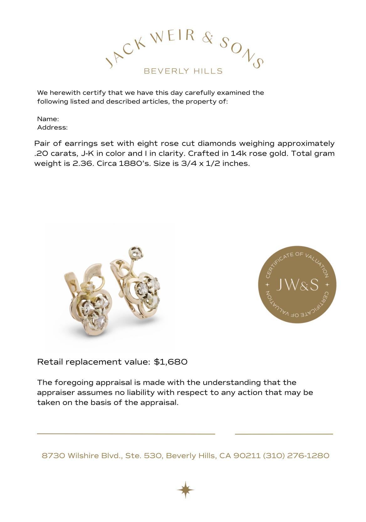 Boucles d'oreilles victoriennes en or rose 14k avec diamants taillés en rose en vente 2