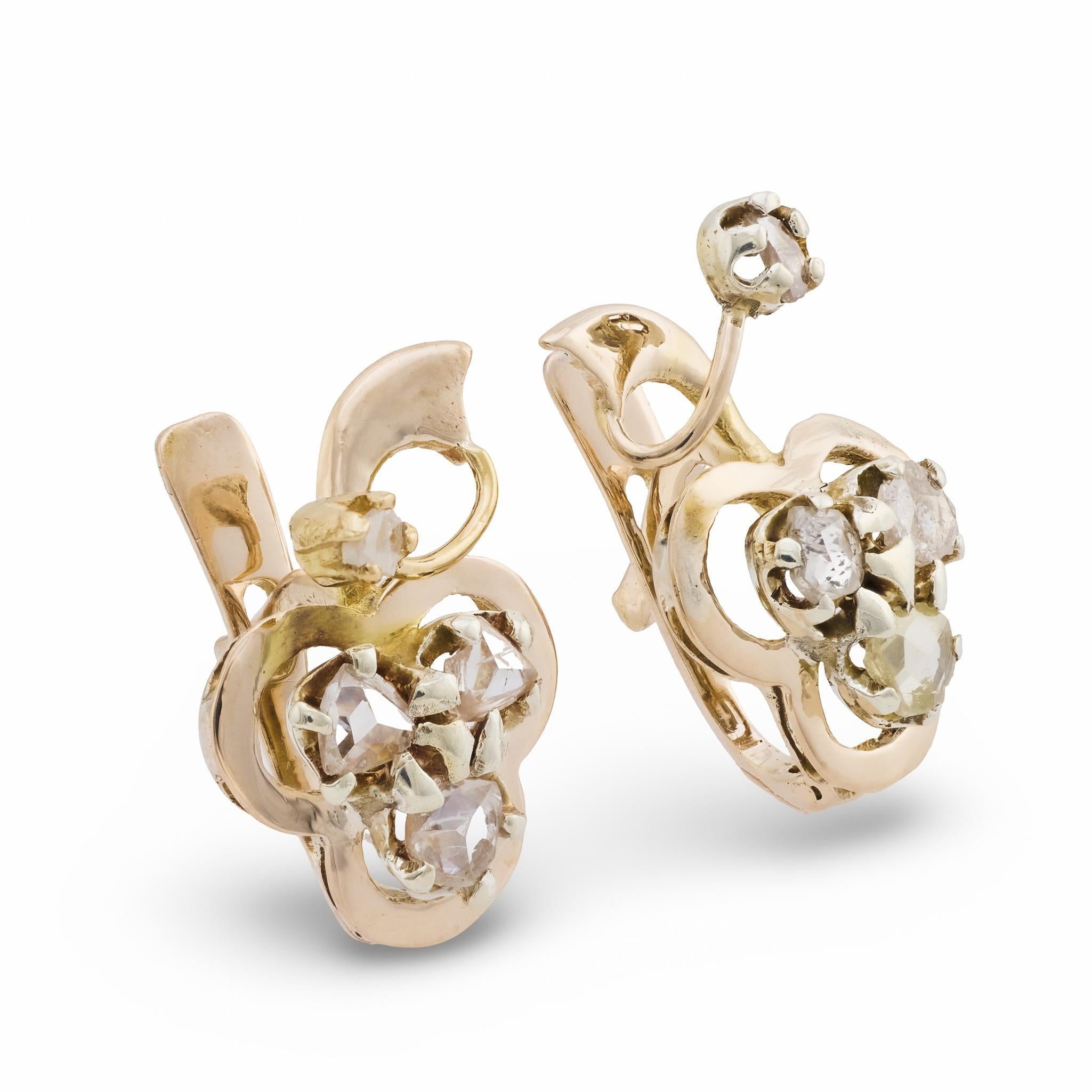 Boucles d'oreilles victoriennes en or rose 14k avec diamants taillés en rose