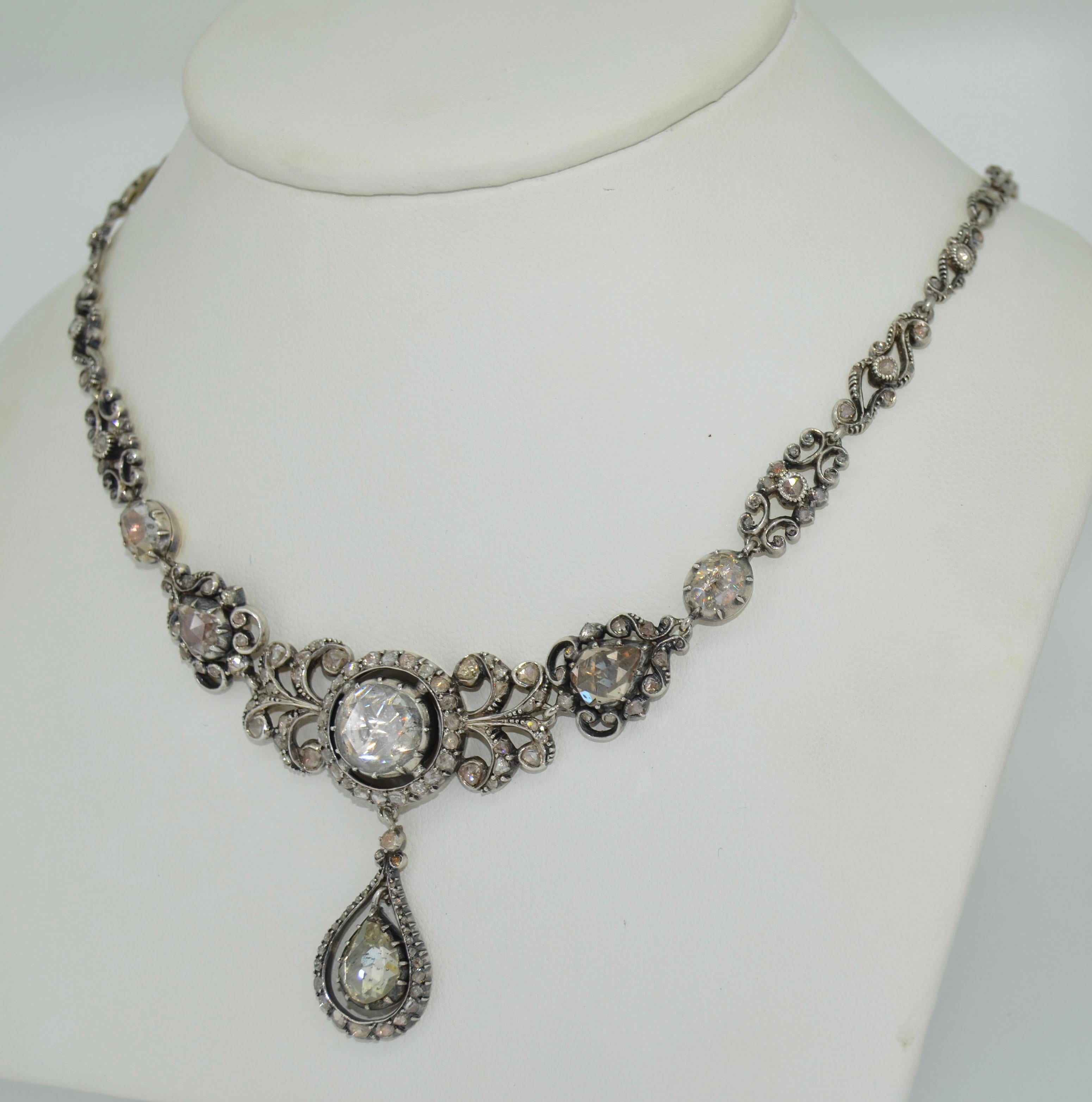 Victorianische viktorianische Halskette mit Diamanten im Rosenschliff, 14K & Silber, im Karton Damen im Angebot