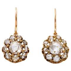 Victorian Rose Cut Diamond 14k Yellow Gold Cluster Dangle Earrings
