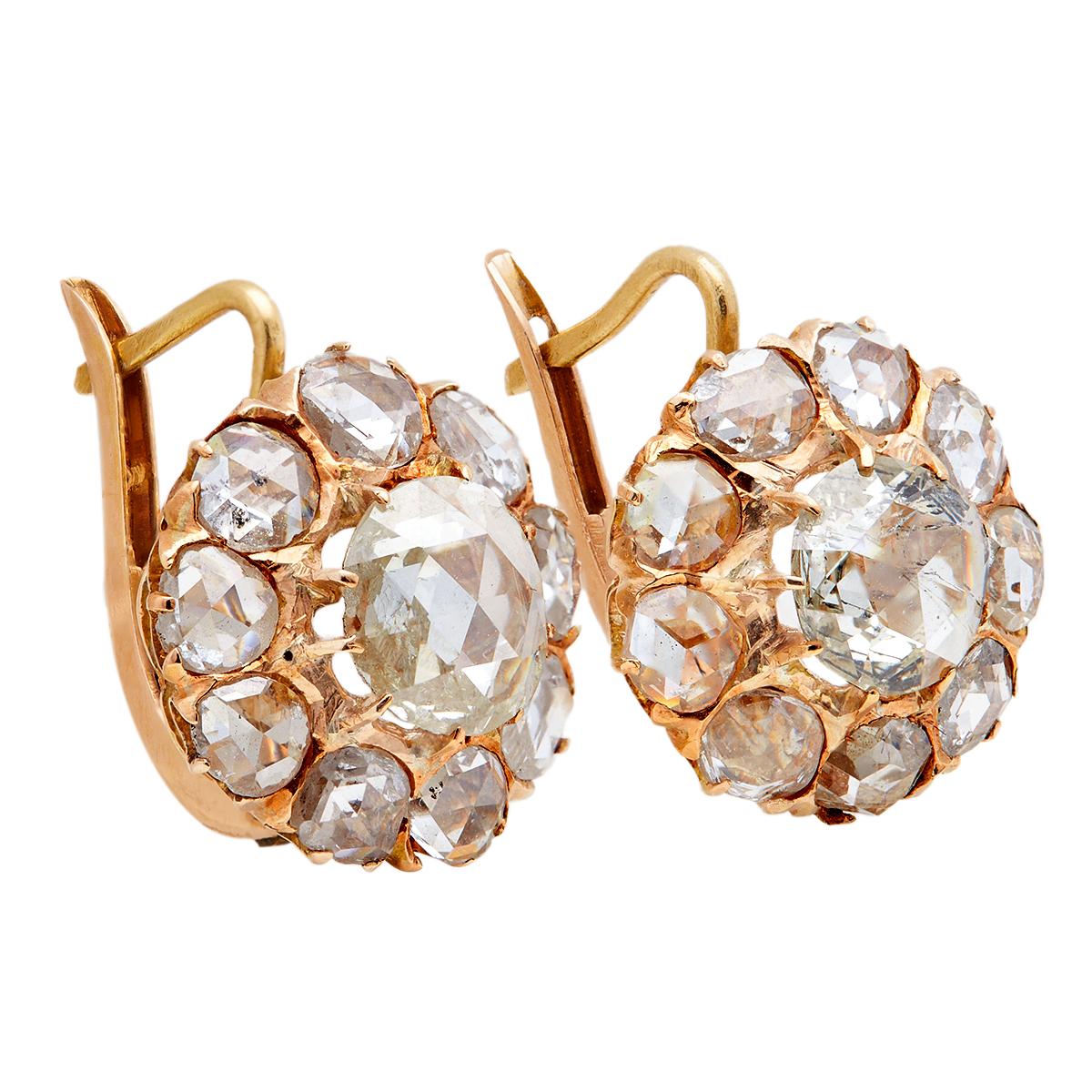 Victorian Rose Cut Diamond 18k Rose Gold Cluster Earrings 1