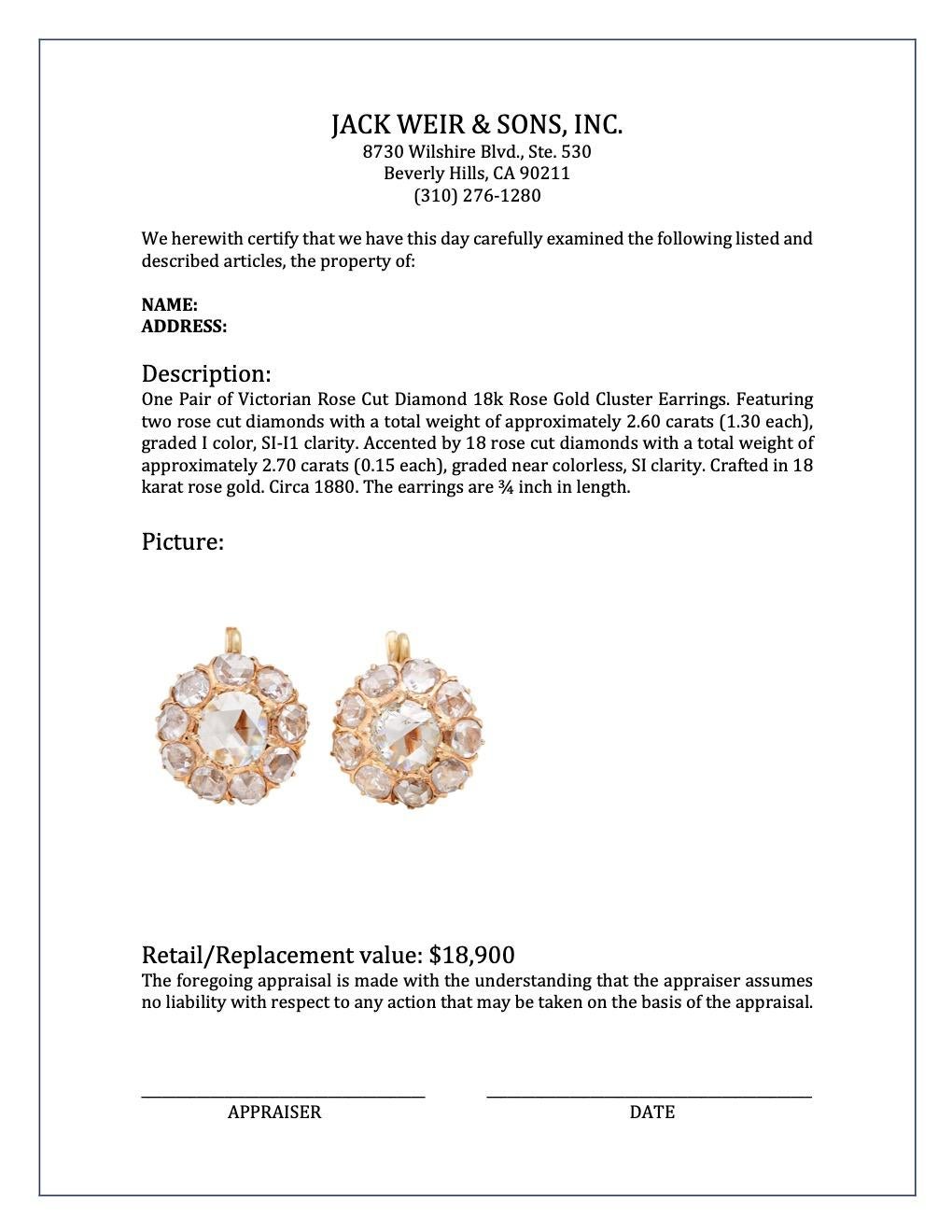 Victorian Rose Cut Diamond 18k Rose Gold Cluster Earrings 3