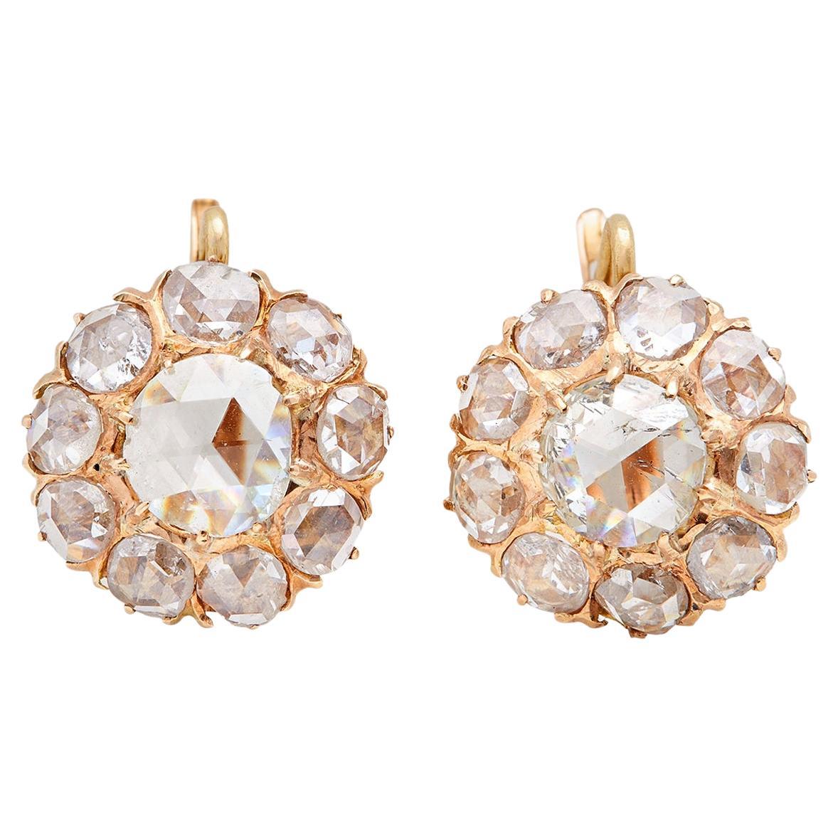Victorian Rose Cut Diamond 18k Rose Gold Cluster Earrings