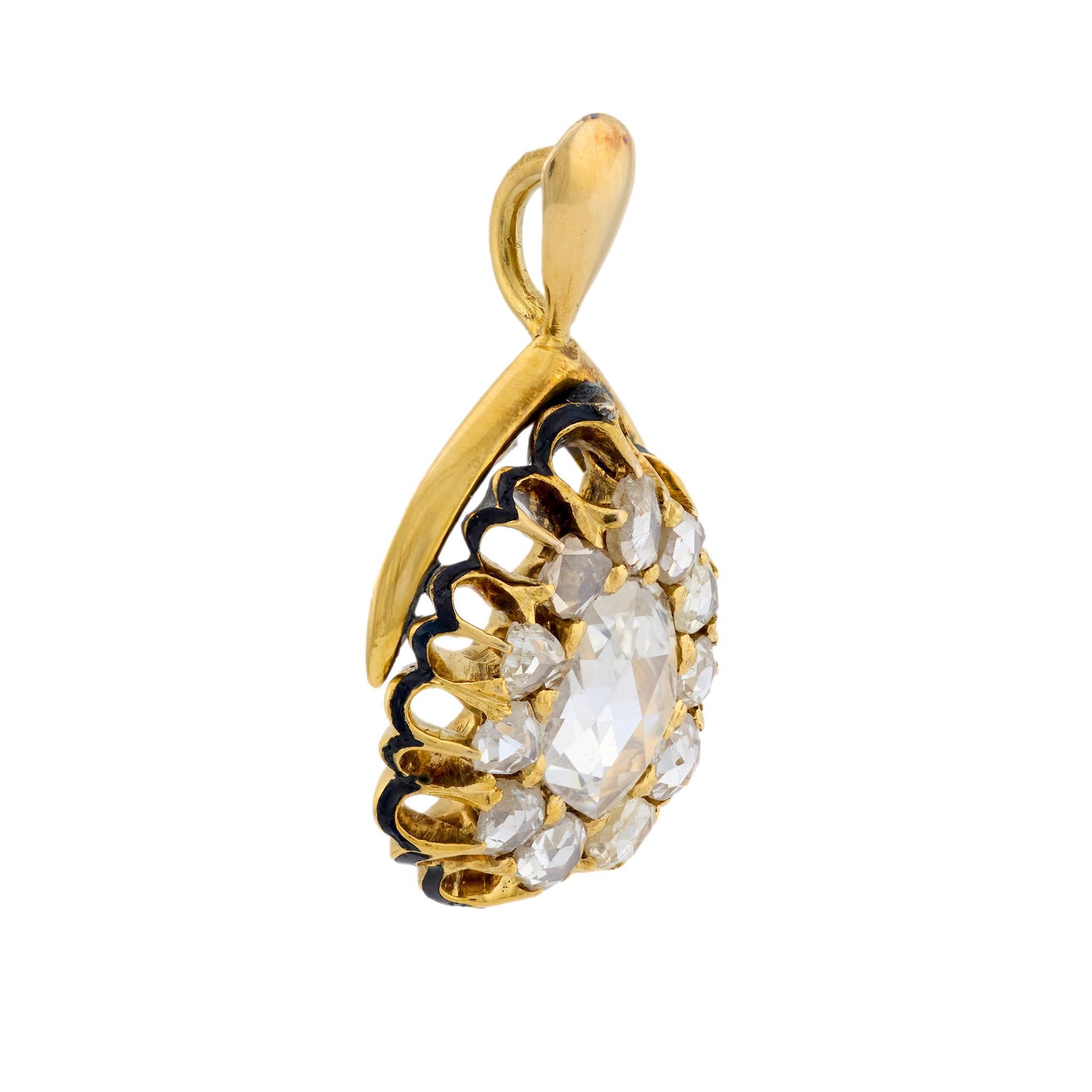 Colgante victoriano de diamante talla rosa de oro amarillo de 18k y esmalte Victoriano en venta