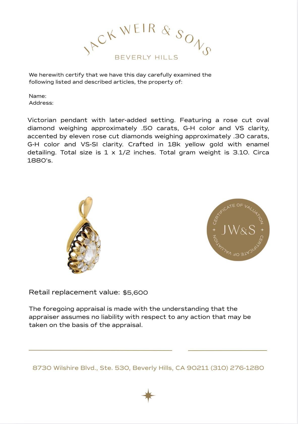 Colgante victoriano de diamante talla rosa de oro amarillo de 18k y esmalte Corte rosa en venta