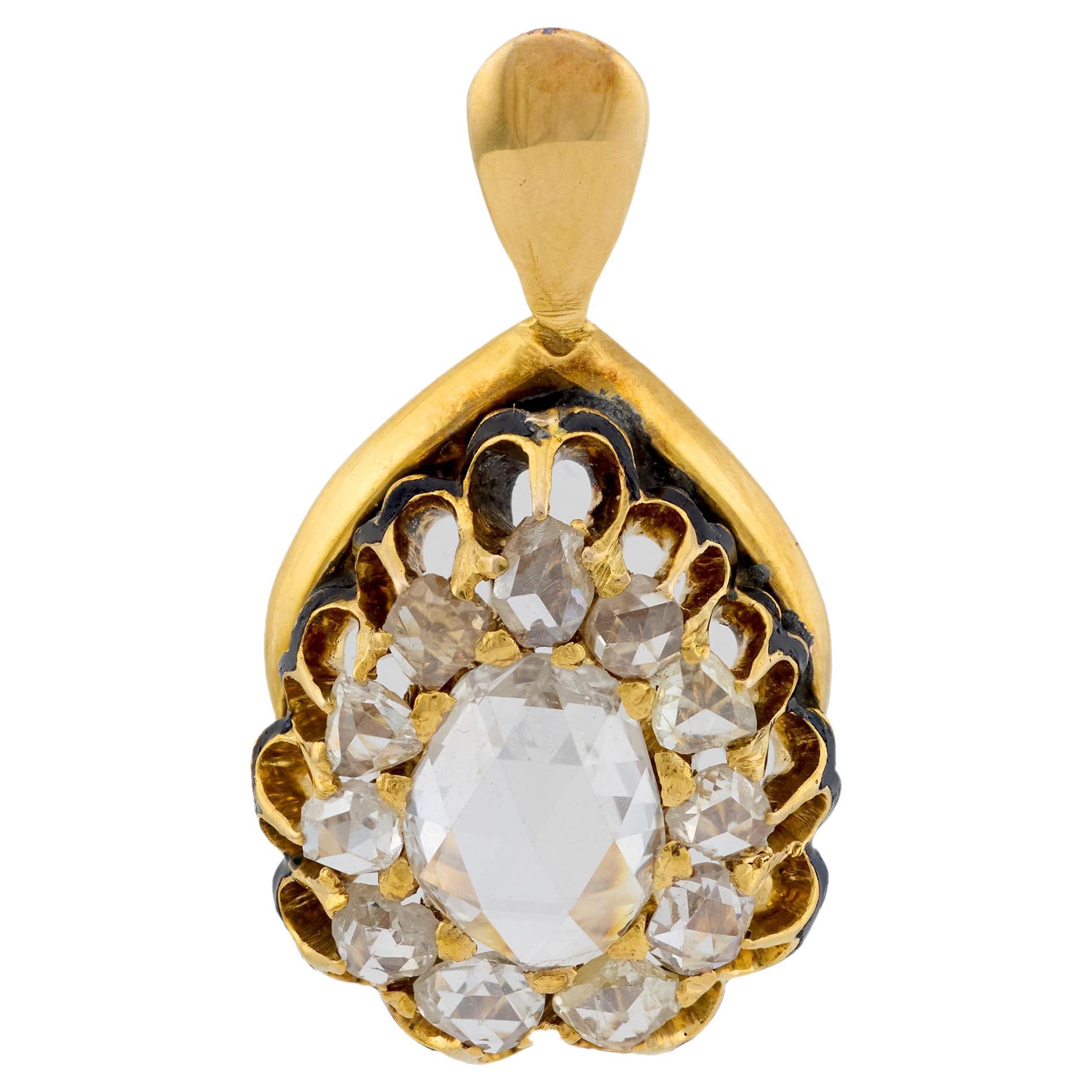 Colgante victoriano de diamante talla rosa de oro amarillo de 18k y esmalte en venta
