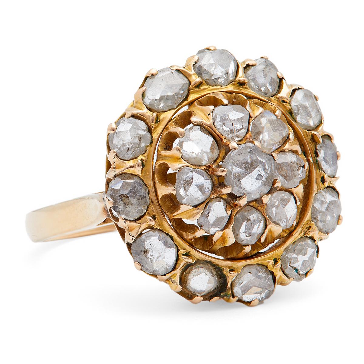 Victorian Rose Cut Diamond 18k Yellow Gold Cluster Ring For Sale at 1stDibs