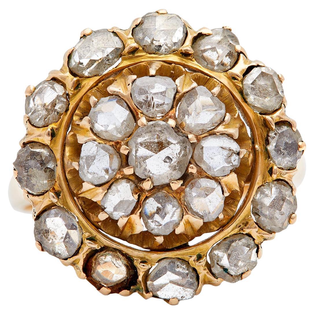 Victorian Rose Cut Diamond 18k Yellow Gold Cluster Ring For Sale at 1stDibs