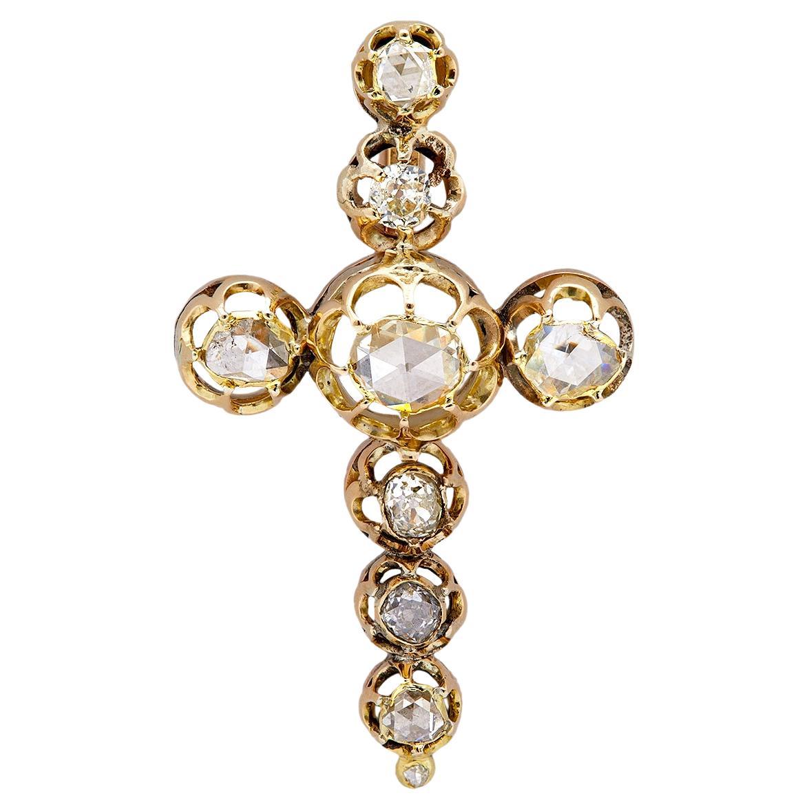 Victorian Rose Cut Diamond 18k Yellow Gold Cross Pendant