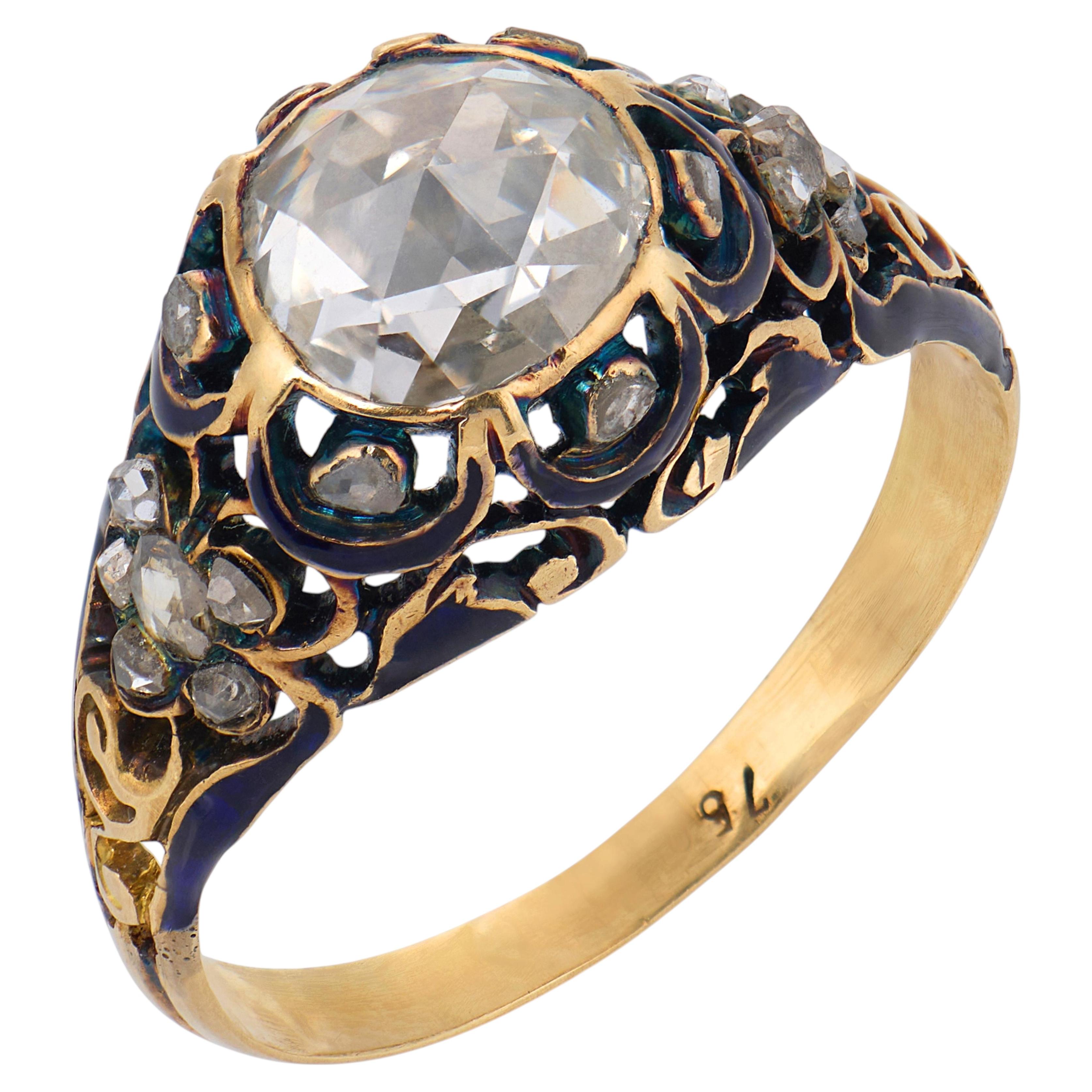 Victorian rose cut diamond 18k yellow gold enamel engagement ring