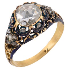 Victorian rose cut diamond 18k yellow gold enamel engagement ring
