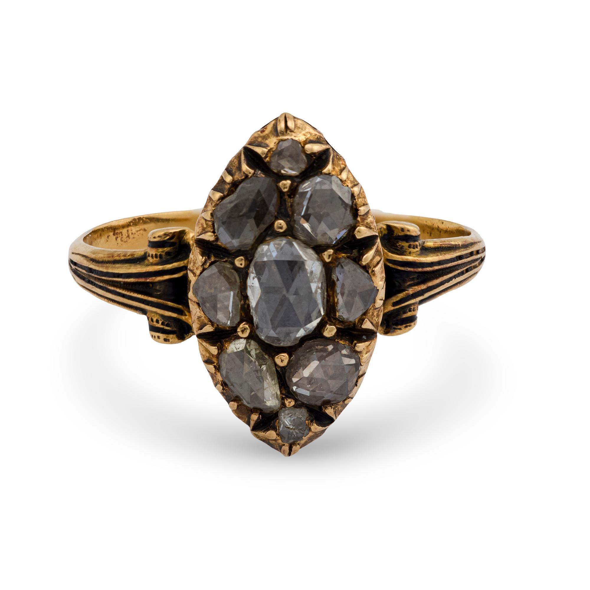 Victorien Bague victorienne à navette en or jaune 18 carats et diamant taillé en rose en vente