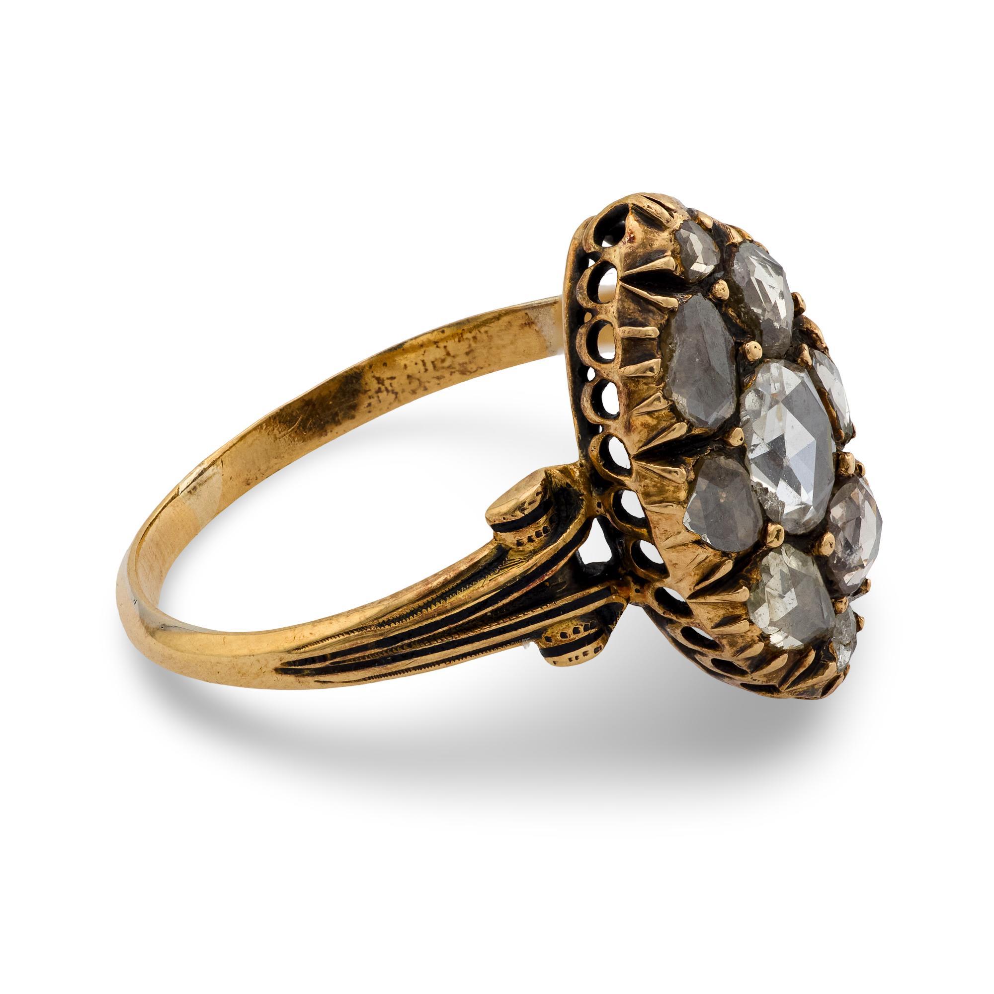 Bague victorienne à navette en or jaune 18 carats et diamant taillé en rose en vente 1